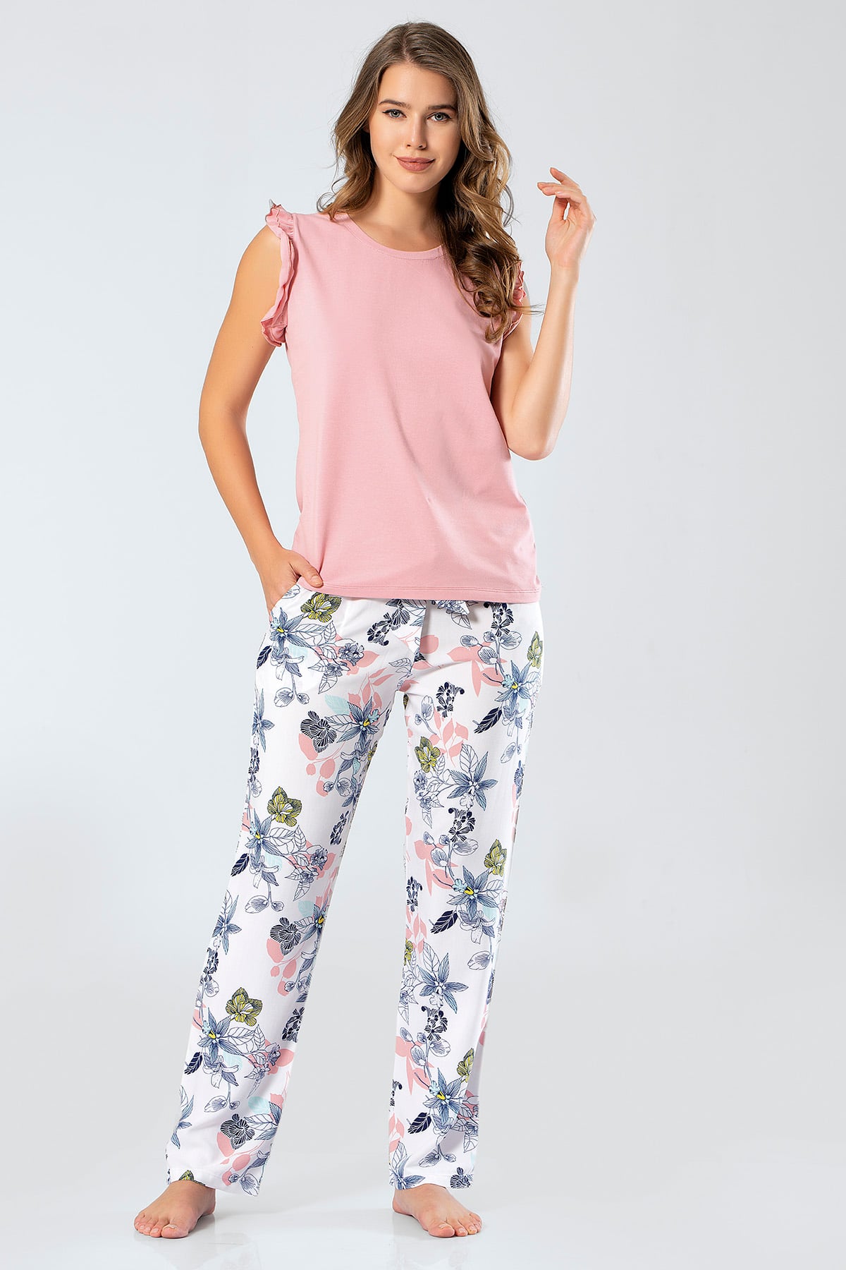 Türen 3331 Kadın Dokuma Çiçekli Kolsuz Pijama Takım - Pudra