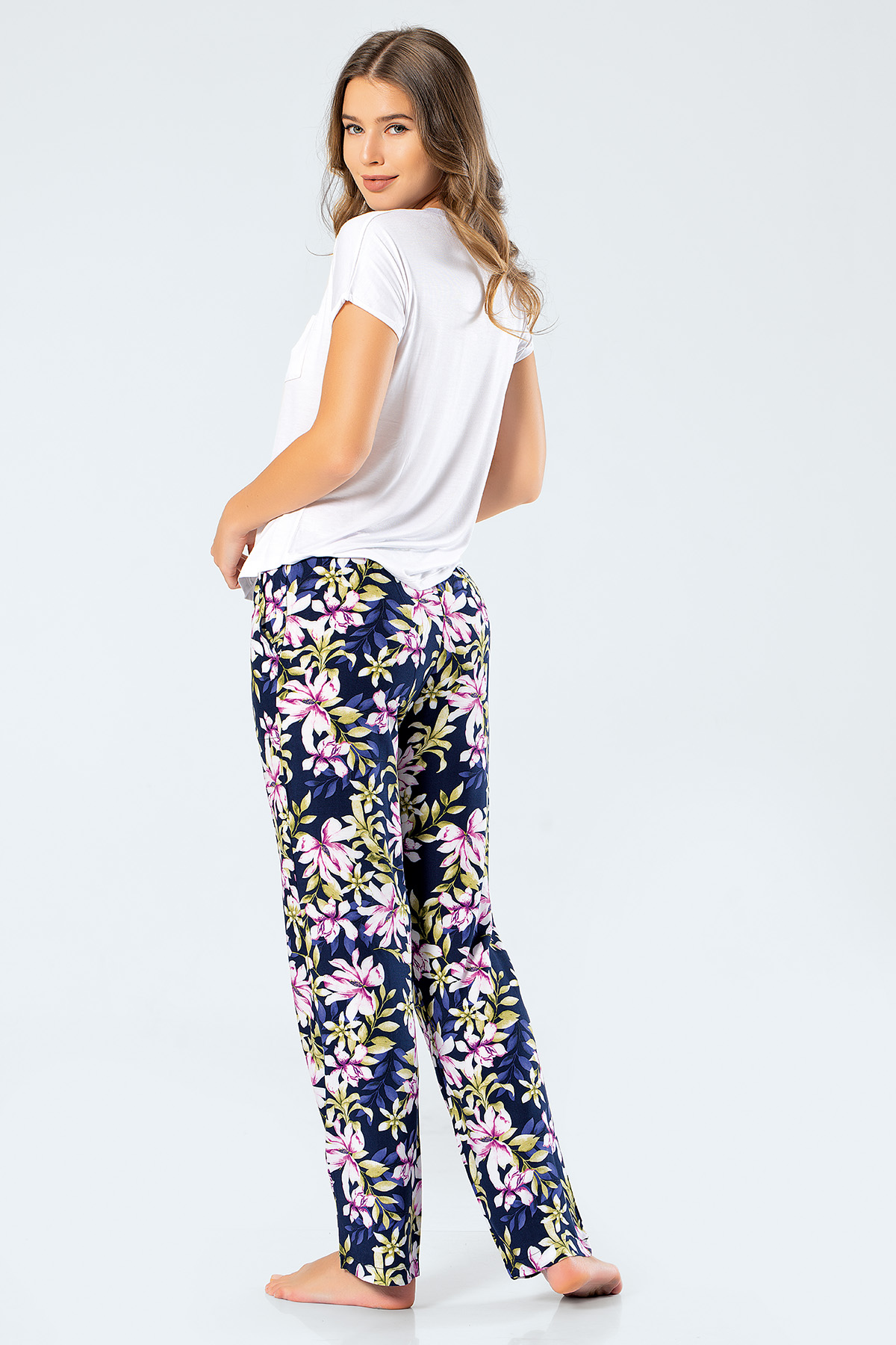 Türen 3336 Kadın Dokuma Çiçekli Kısa Kollu Pijama Takım - Lacivert