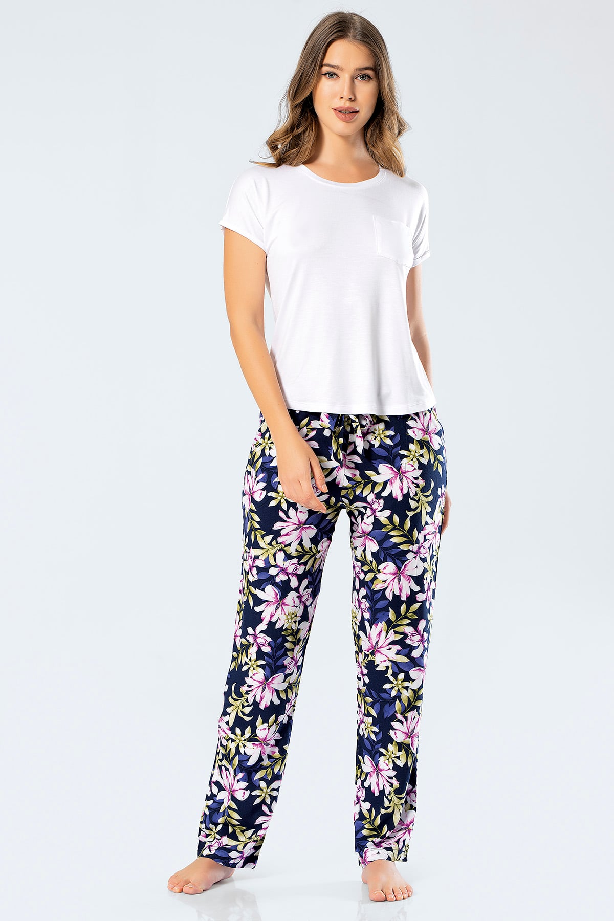 Türen 3336 Kadın Dokuma Çiçekli Kısa Kollu Pijama Takım - Lacivert