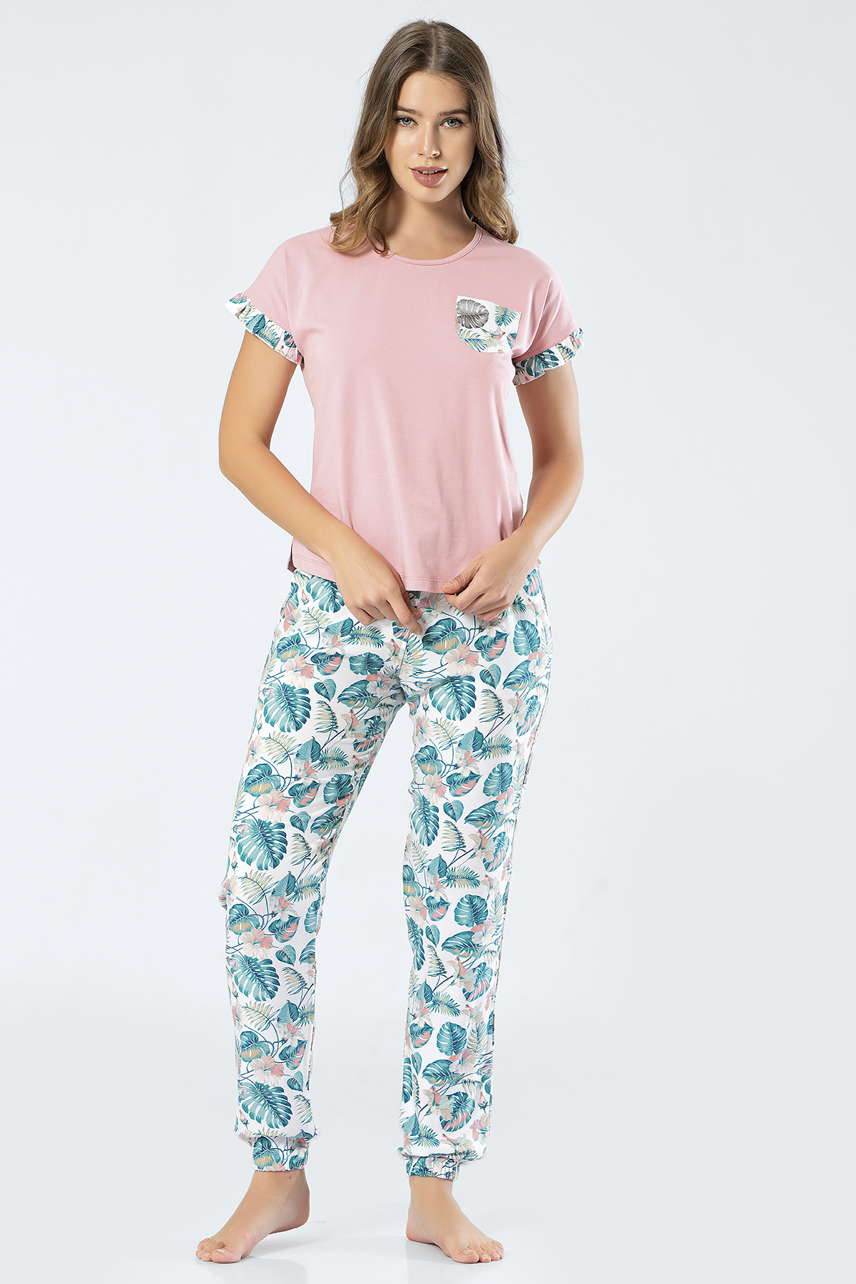 Türen 3341 Anne & Kız Çocuk Dokuma Yapraklı Kısa Kollu Pijama Takım - Pudra