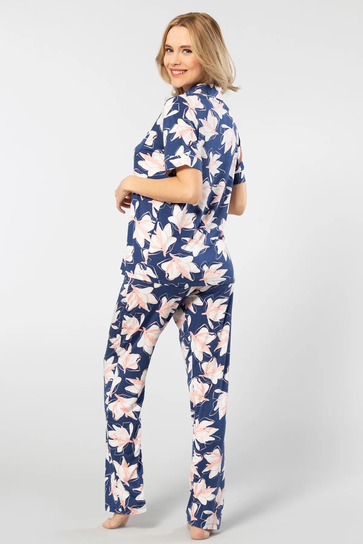 Türen 3355  Kadın Kısa Kollu Gömlek Yaka Pijama Takımı-Lacivert