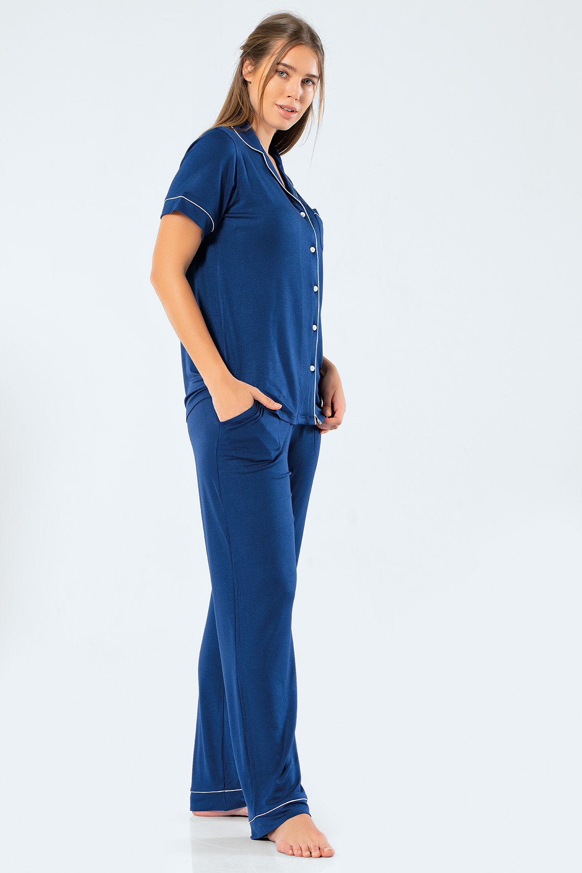 Türen 3358 Kadın Kısa Kollu Gömlek Yaka Pijama Takım-Lacivert
