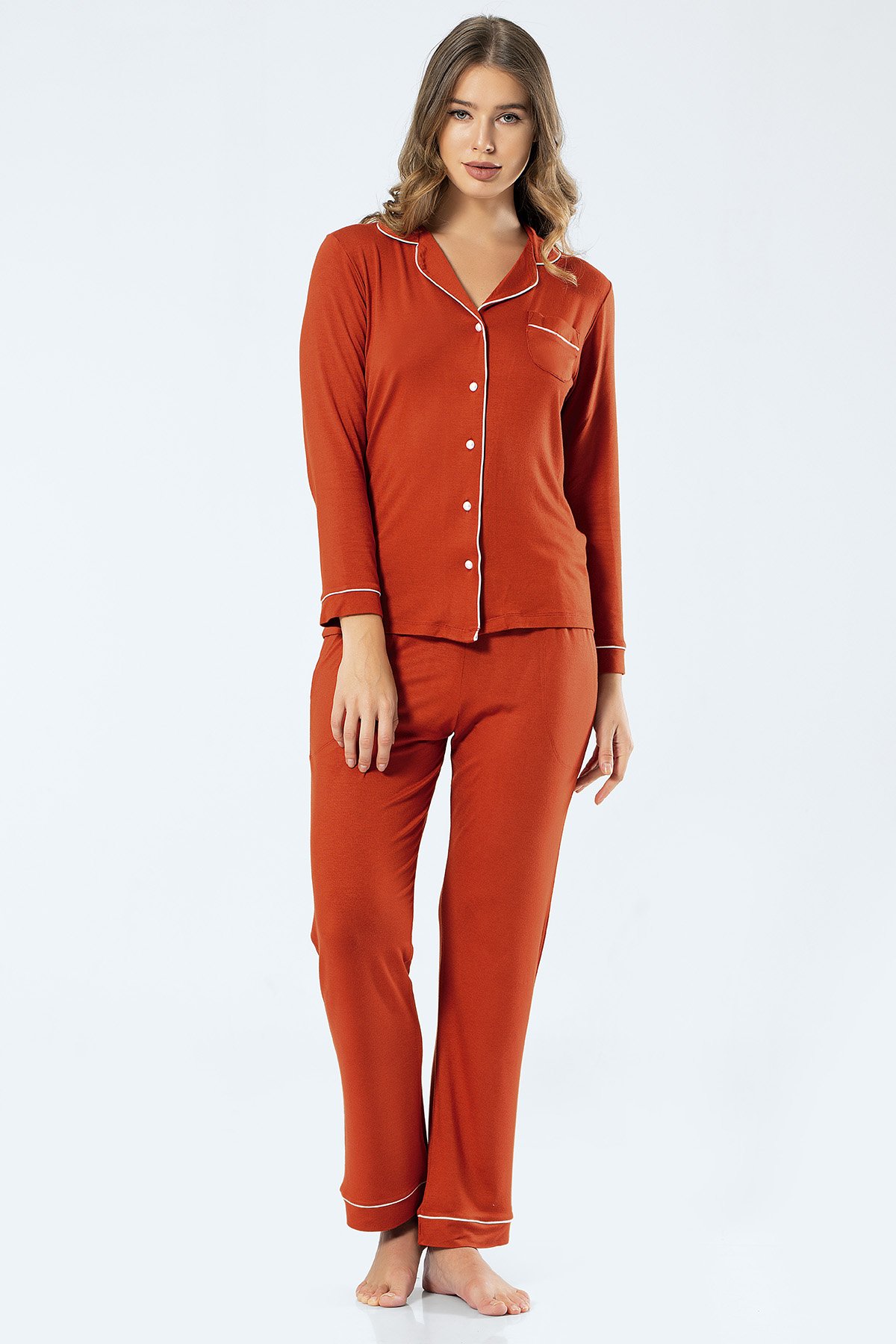 Türen 3359 Kadın Uzun Kollu Gömlek Yaka Pijama Takım-Kiremit