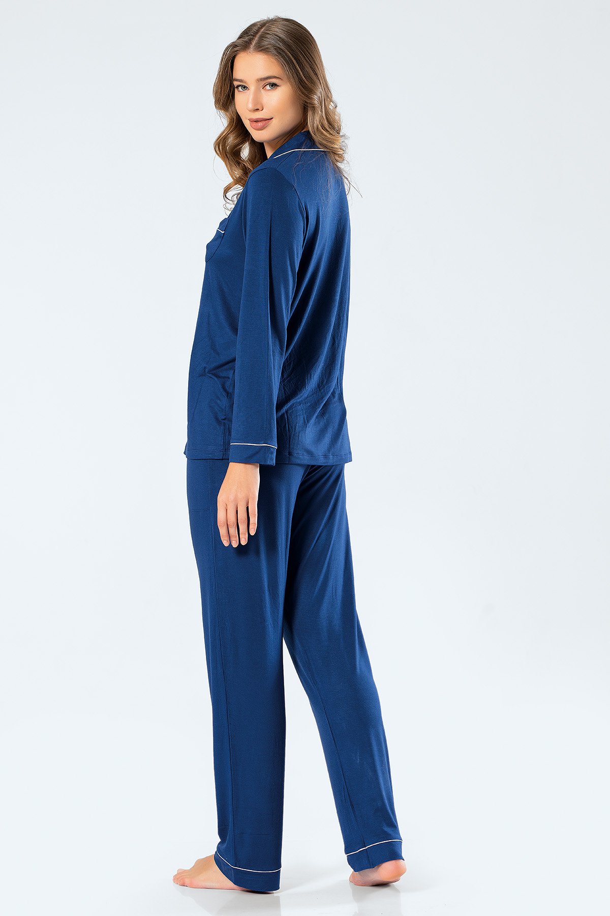 Türen 3359 Kadın Uzun Kollu Gömlek Yaka Pijama Takım-Lacivert