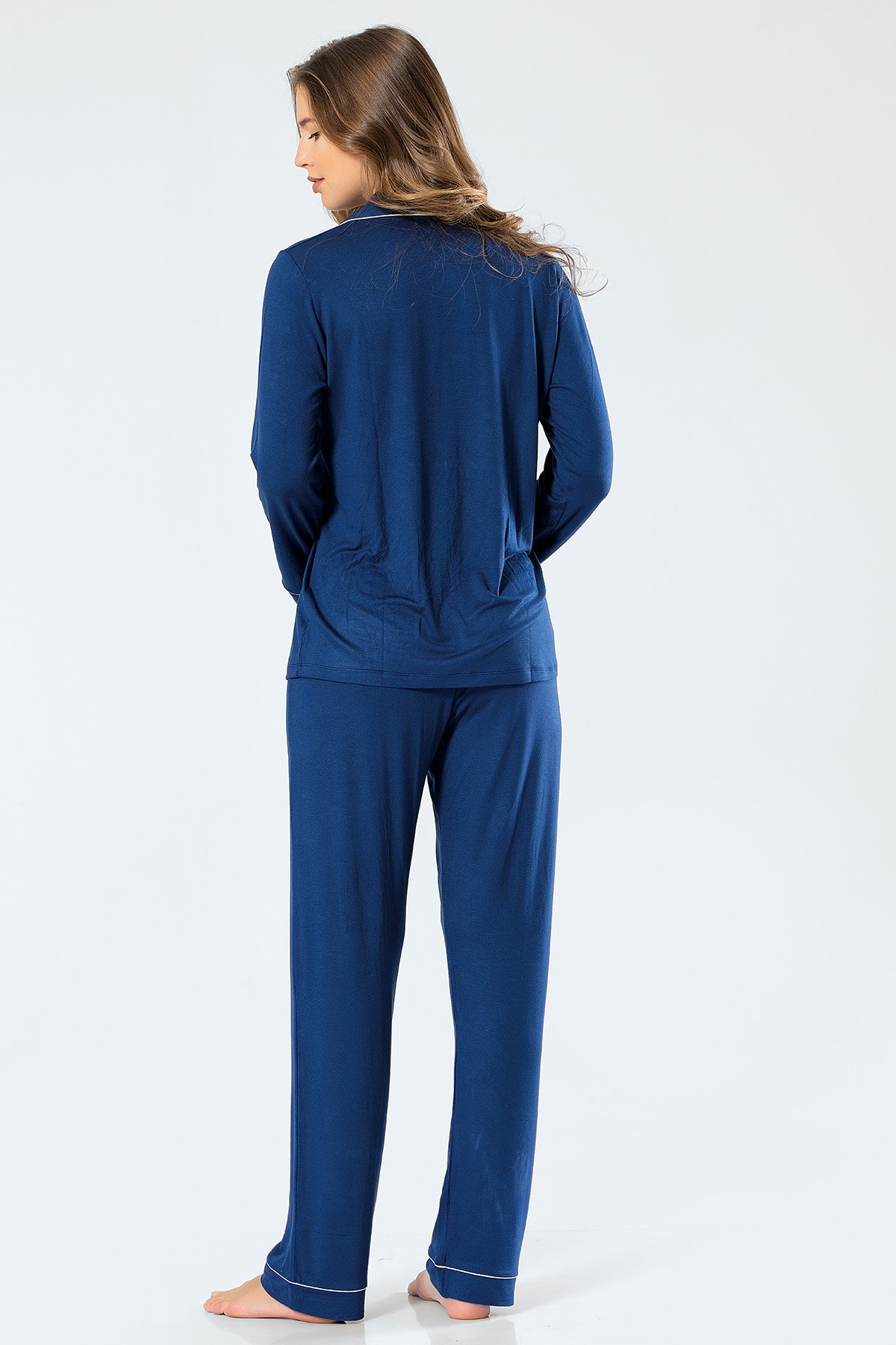 Türen 3359 Kadın Uzun Kollu Gömlek Yaka Pijama Takım-Lacivert