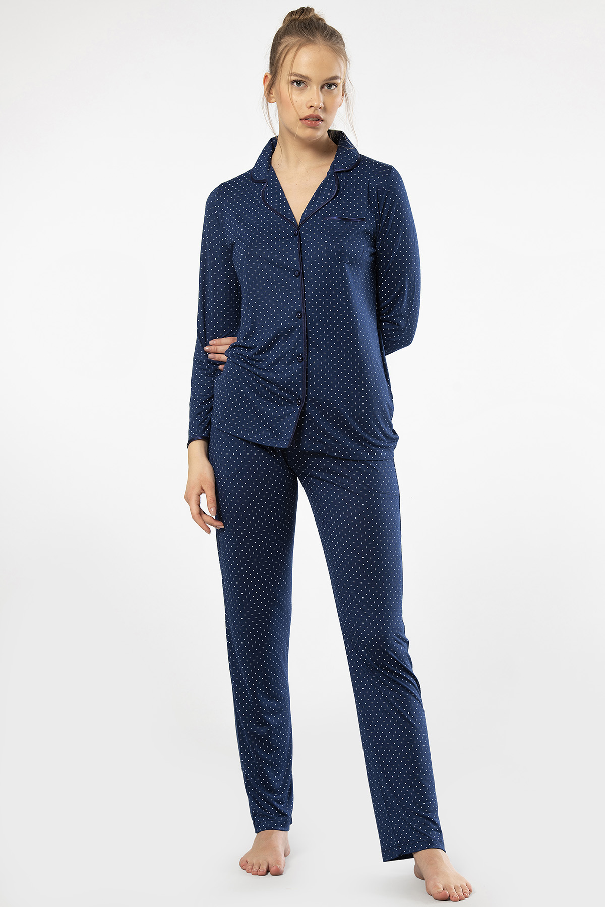 Türen 3363 Kadın Uzun Kollu Gömlek Yaka Pijama Takım-Lacivert
