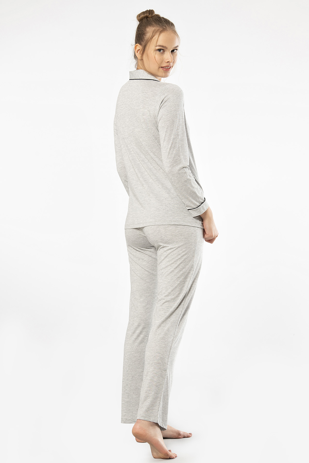 Türen 3365 Kadın Uzun Kollu Gömlek Yaka Pijama Takım-Gri
