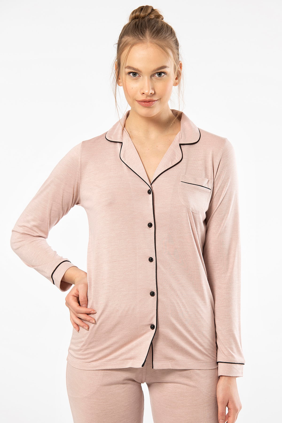 Türen 3365 Kadın Uzun Kollu Gömlek Yaka Pijama Takım-Pudra