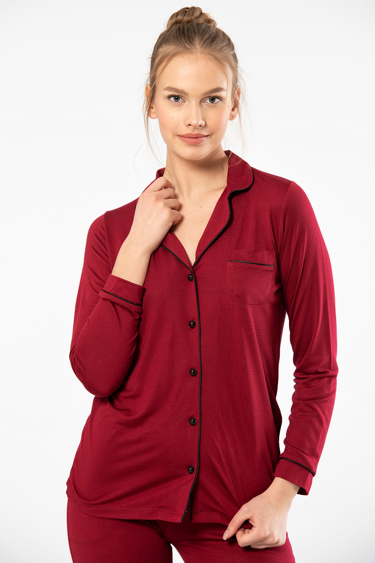 Türen 3365 Kadın Uzun Kollu Gömlek Yaka Pijama Takım-Bordo
