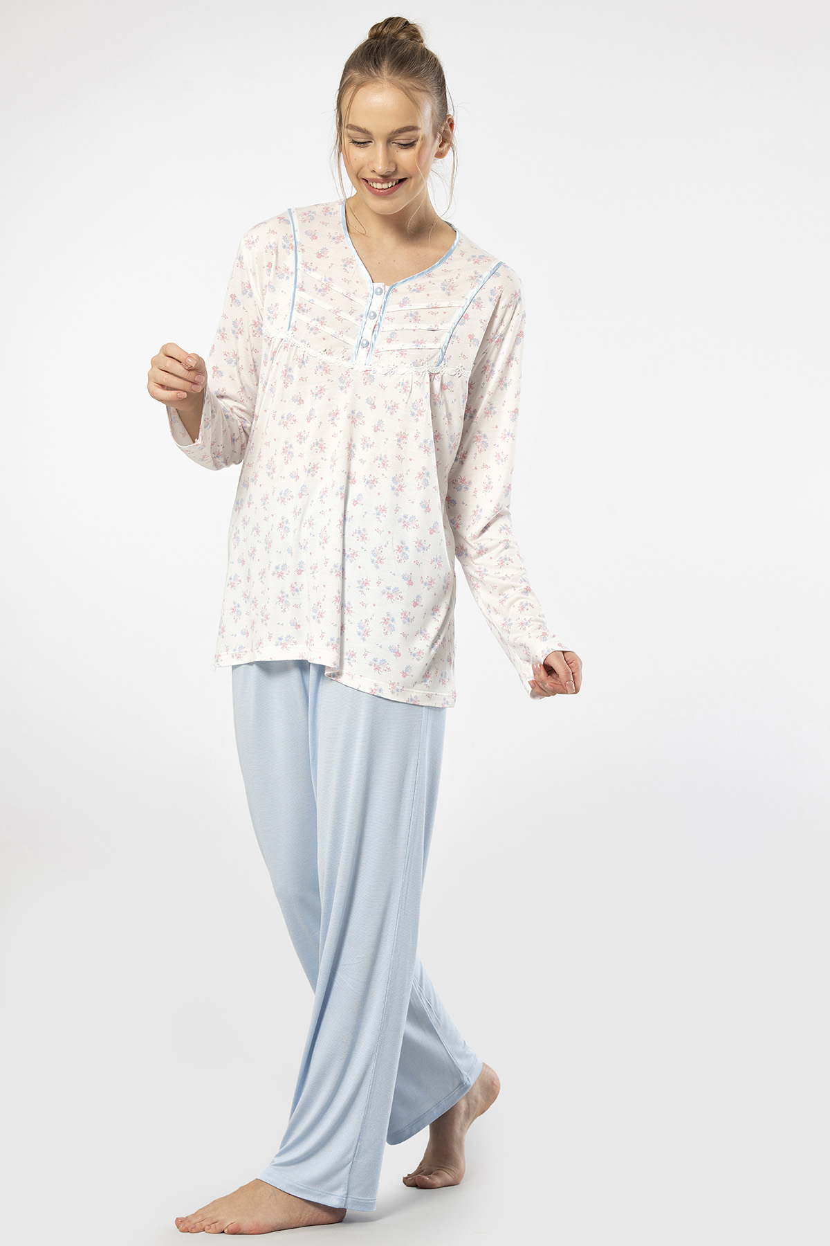 Türen 3366 Kadın Büyük Beden Uzun Kollu Pijama Takım-Mavi
