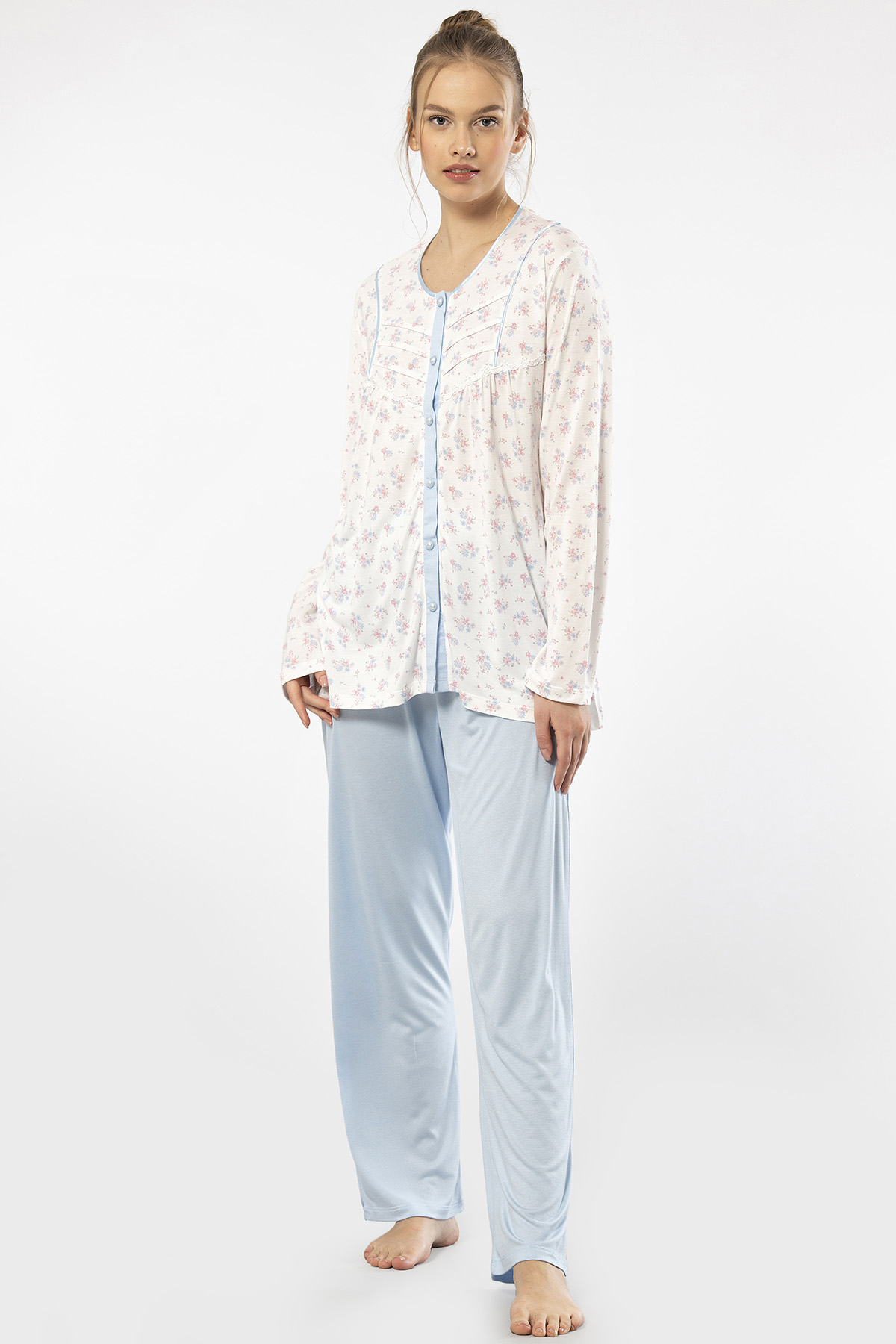 Türen 3367 Kadın Büyük Beden Uzun Kollu Pijama Takım-Mavi