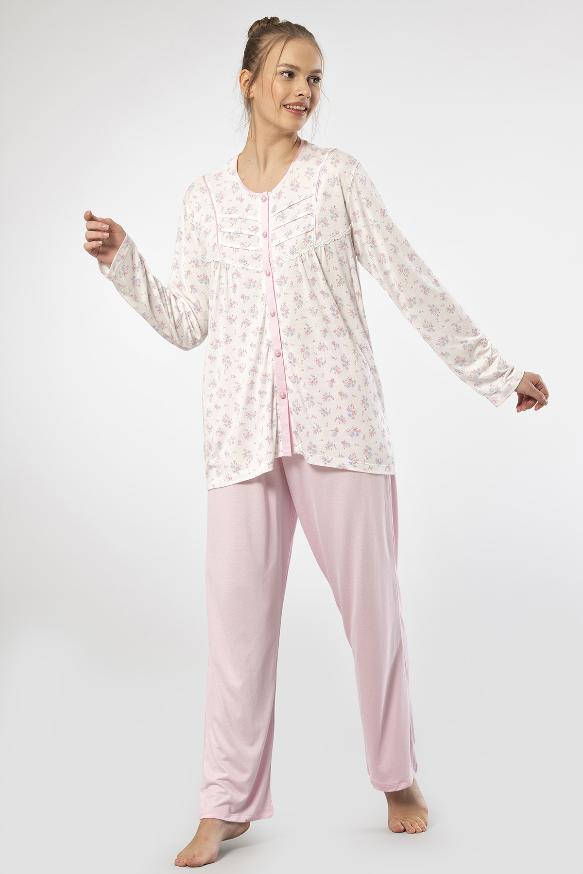 Türen 3367 Kadın Büyük Beden Uzun Kollu Pijama Takım-Pembe
