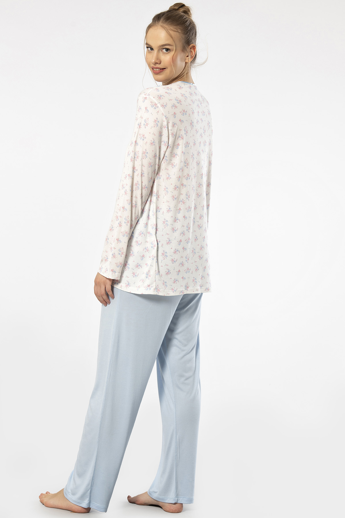 Türen 3367 Kadın Büyük Beden Uzun Kollu Pijama Takım-Mavi