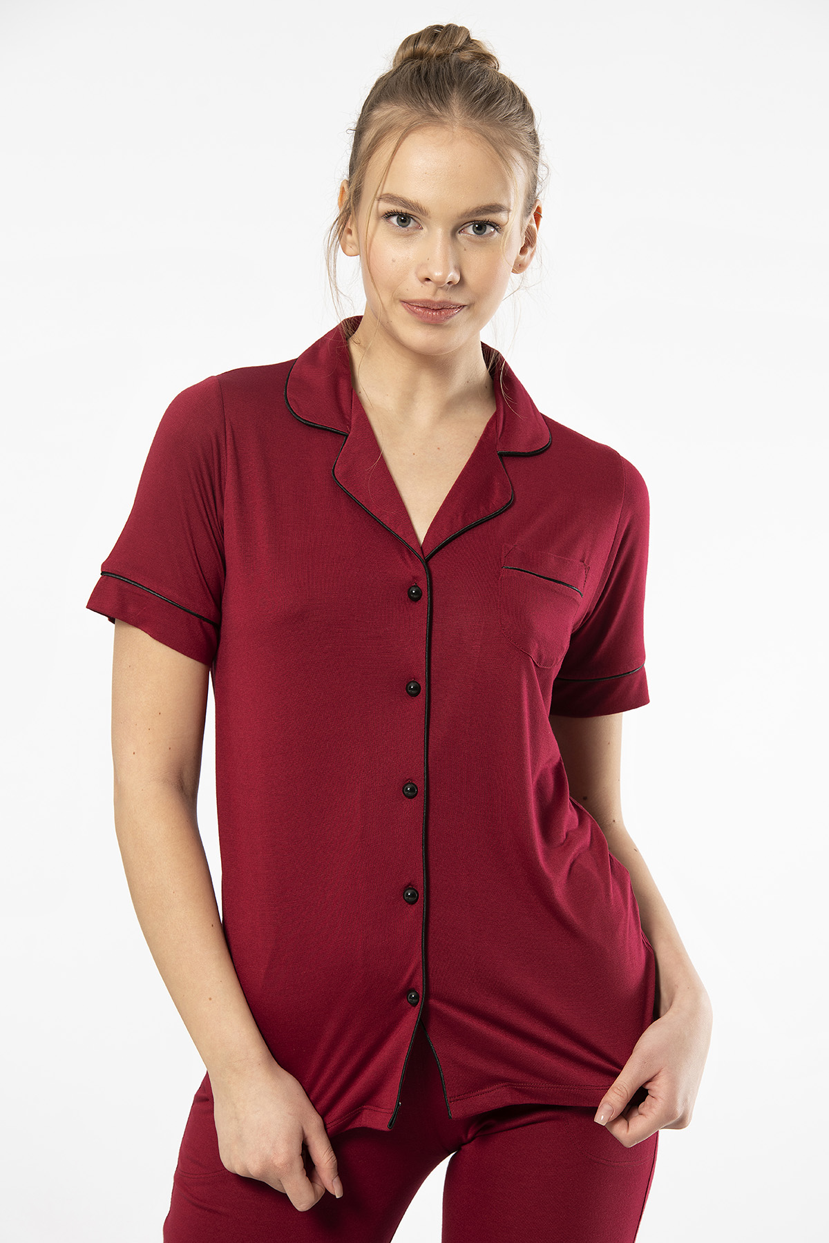 Türen 3368 Kadın Kısa Kollu Gömlek Yaka Pijama Takım-Bordo