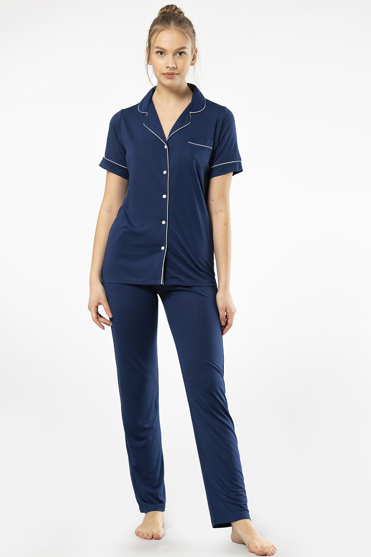 Türen 3368 Kadın Kısa Kollu Gömlek Yaka Pijama Takım-Lacivert