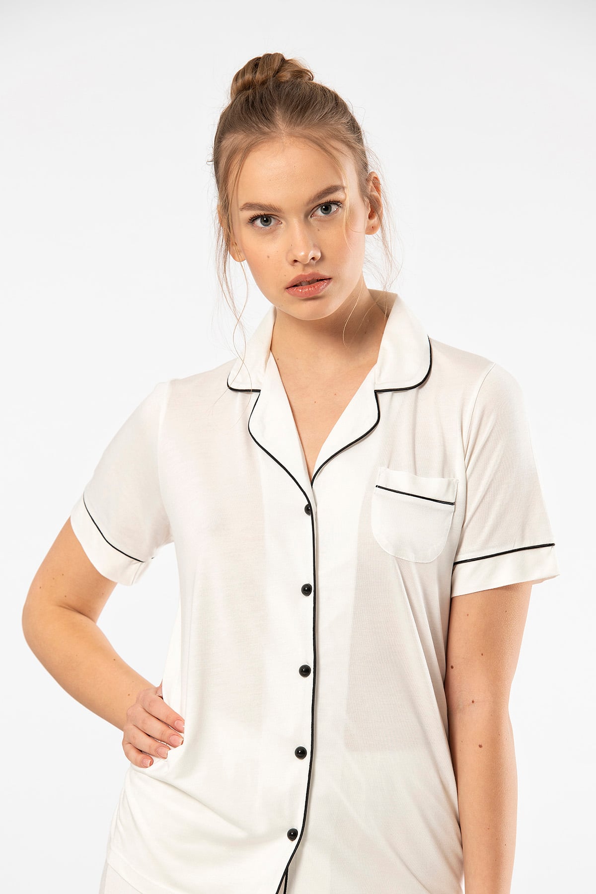 Türen 3368 Kadın Kısa Kollu Gömlek Yaka Pijama Takım-Ekru