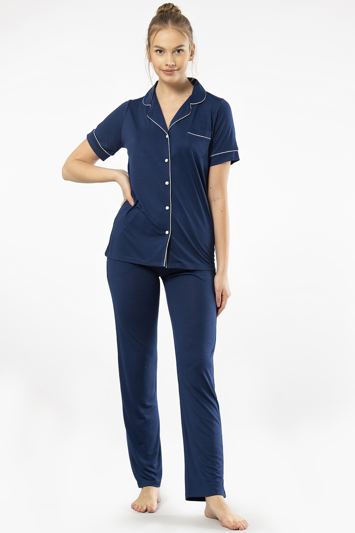 Türen 3368 Kadın Kısa Kollu Gömlek Yaka Pijama Takım-Lacivert
