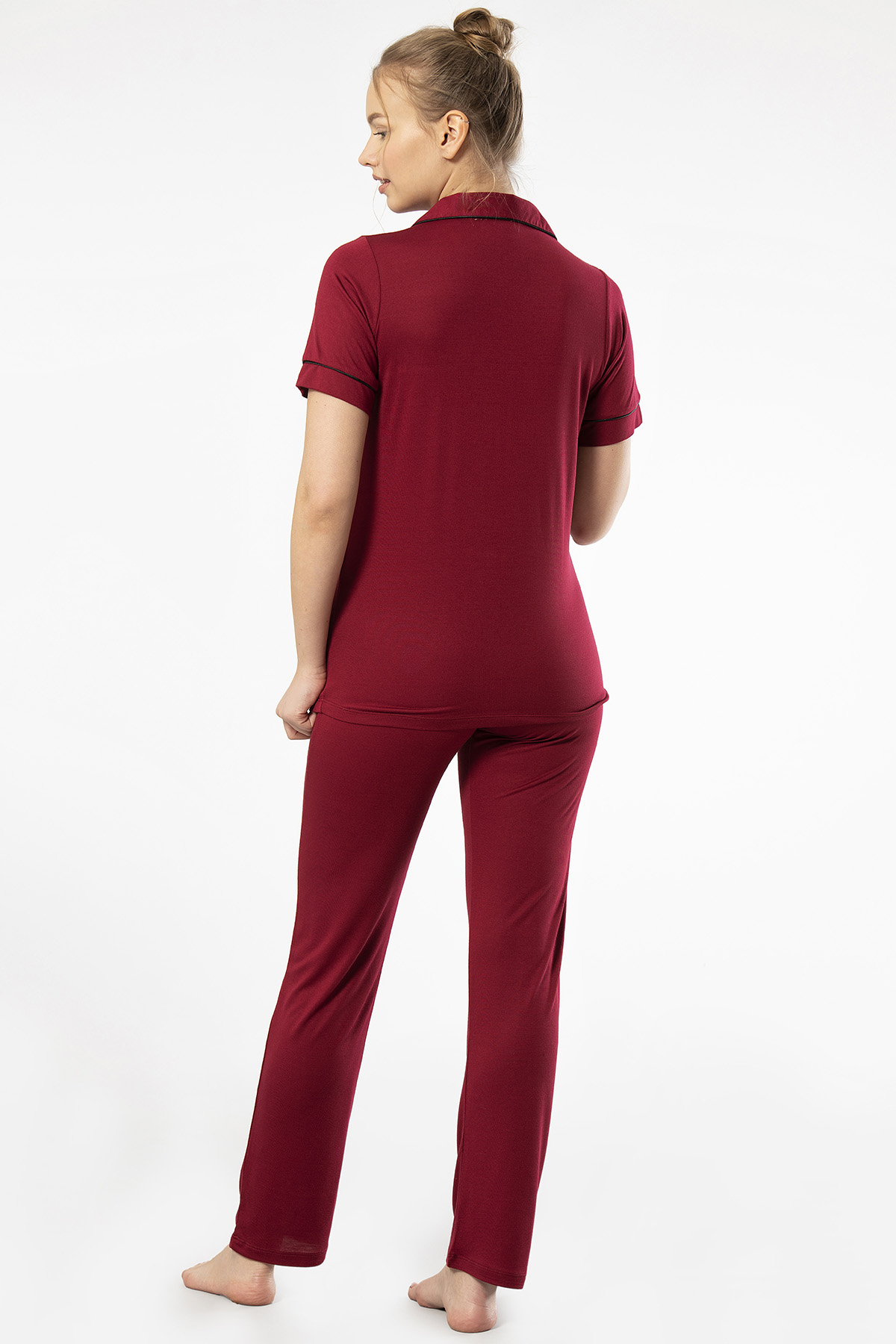 Türen 3368 Kadın Kısa Kollu Gömlek Yaka Pijama Takım-Bordo