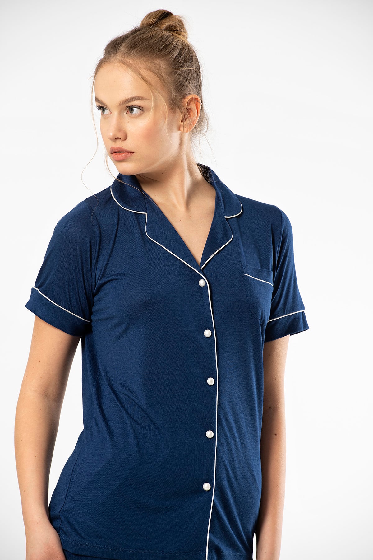 Türen 3368 Kadın Kısa Kollu Gömlek Yaka Pijama Takım-Lacivert