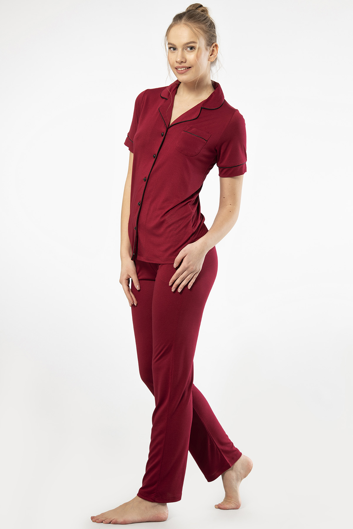 Türen 3368 Kadın Kısa Kollu Gömlek Yaka Pijama Takım-Bordo