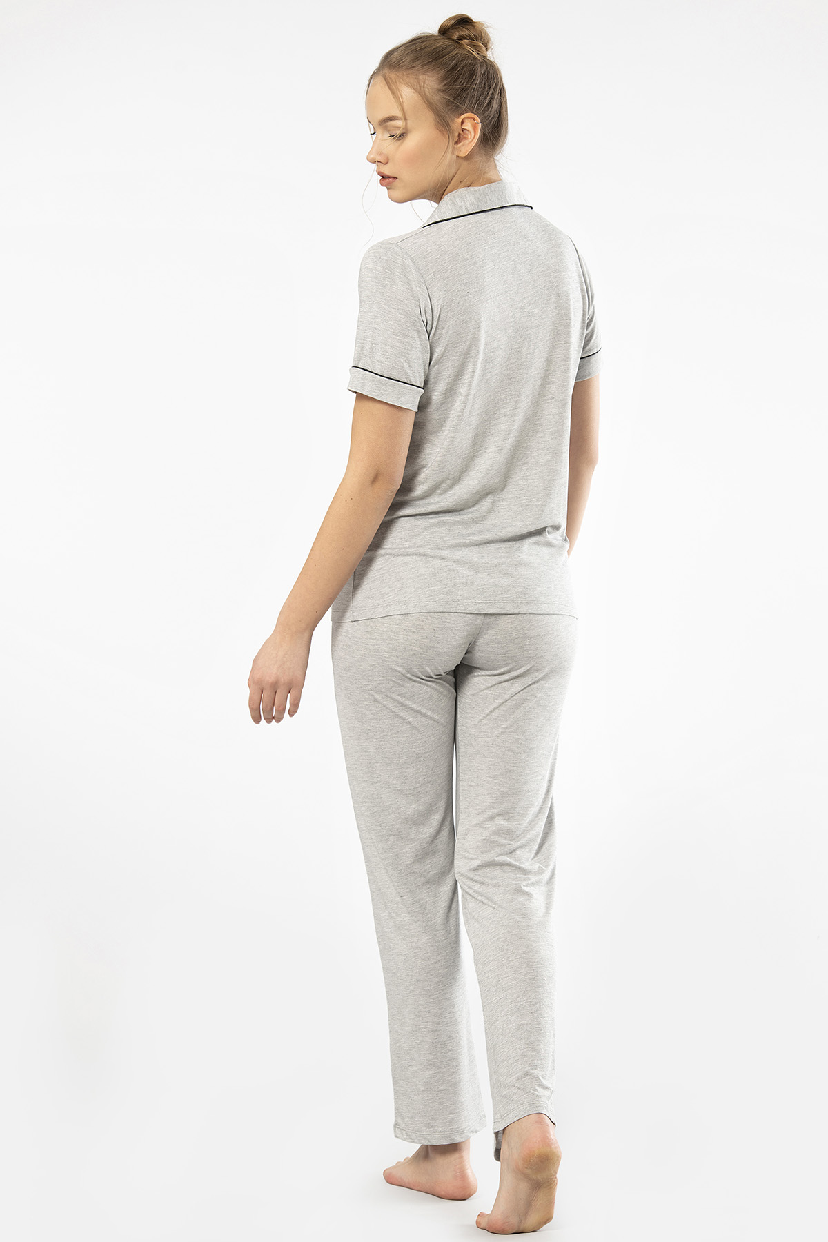Türen 3368 Kadın Kısa Kollu Gömlek Yaka Pijama Takım-Gri