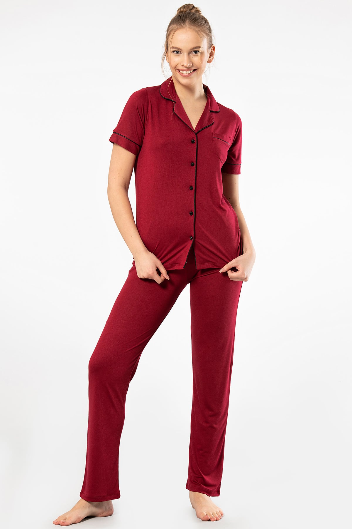 Türen 3368 Kadın Kısa Kollu Gömlek Yaka Pijama Takım-Bordo