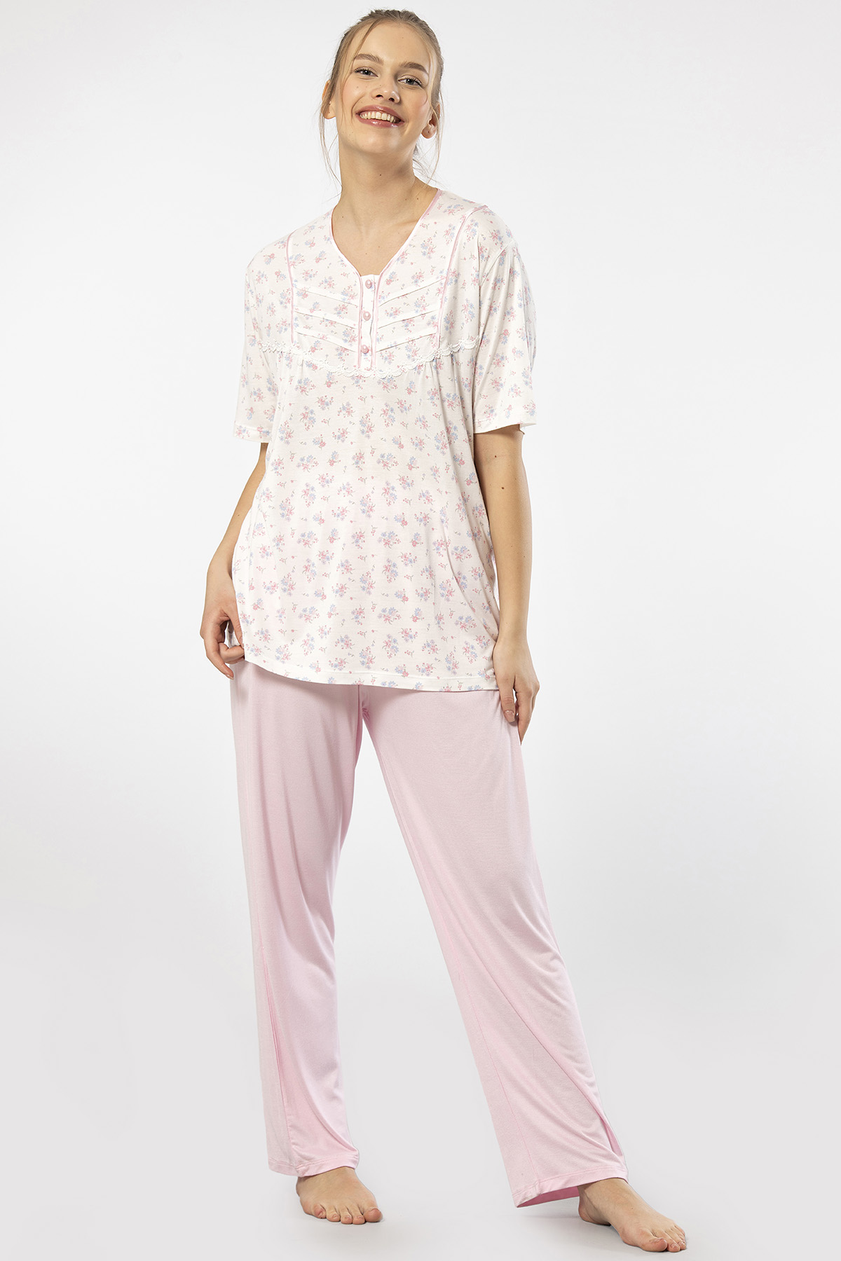 Türen 3369 Kadın Büyük Beden Kısa Kollu Pijama Takım-Pembe