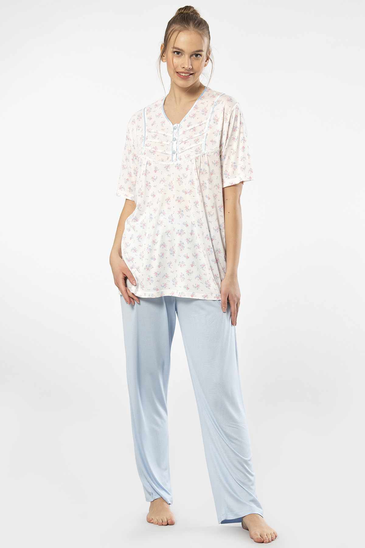 Türen 3369 Kadın Büyük Beden Kısa Kollu Pijama Takım-Mavi