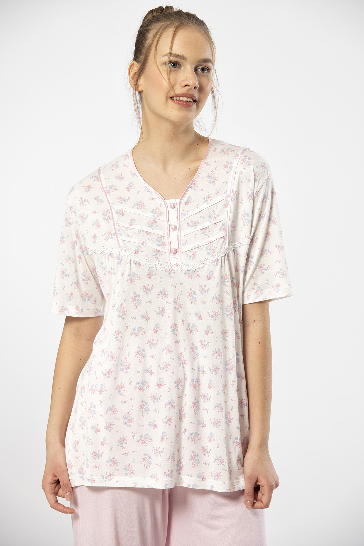 Türen 3369 Kadın Büyük Beden Kısa Kollu Pijama Takım-Pembe