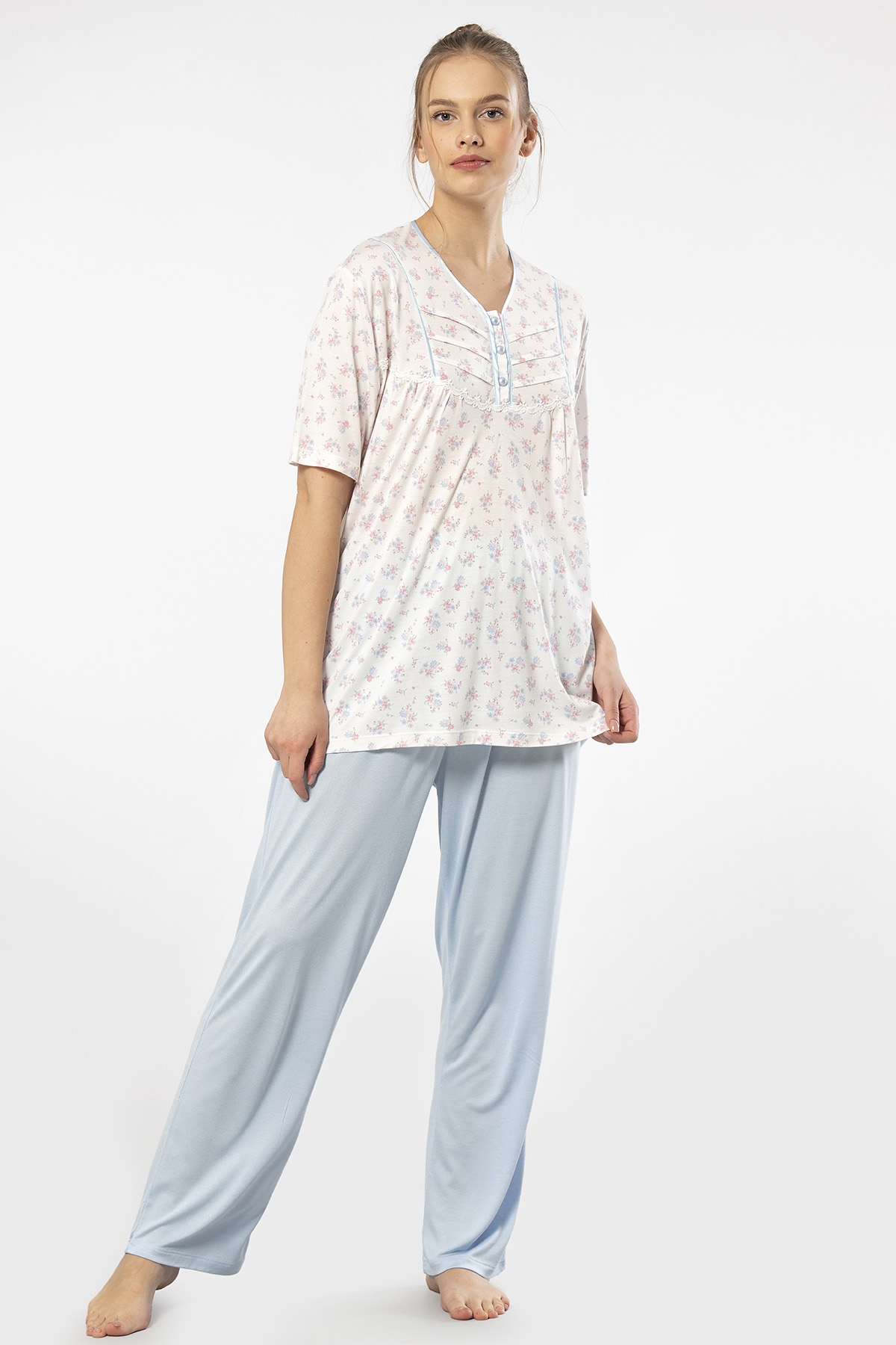 Türen 3369 Kadın Büyük Beden Kısa Kollu Pijama Takım-Mavi