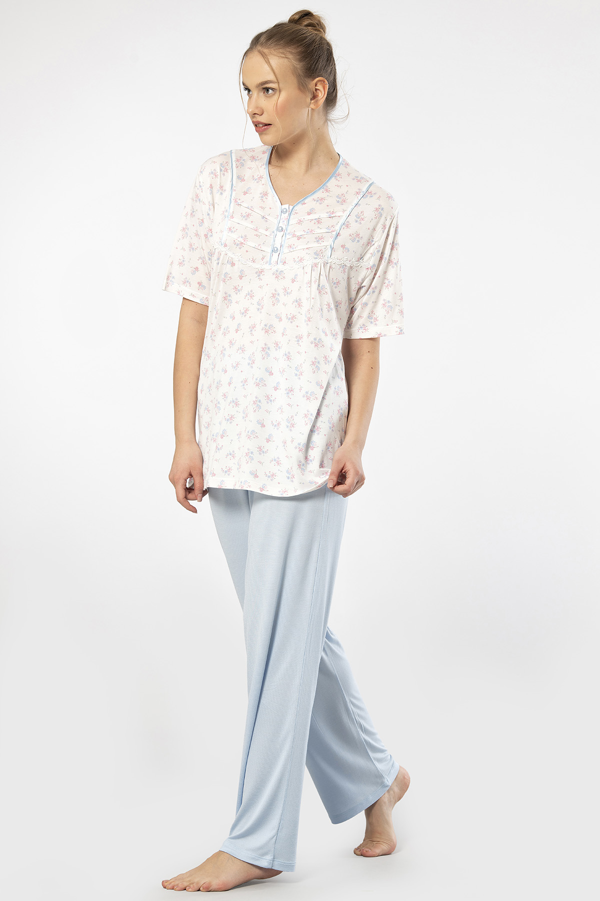 Türen 3369 Kadın Büyük Beden Kısa Kollu Pijama Takım-Mavi