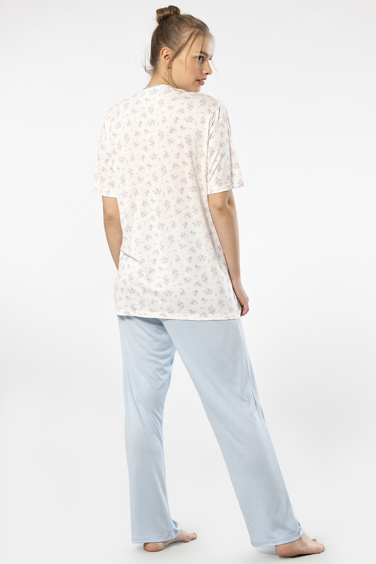 Türen 3369 Kadın Büyük Beden Kısa Kollu Pijama Takım-Mavi