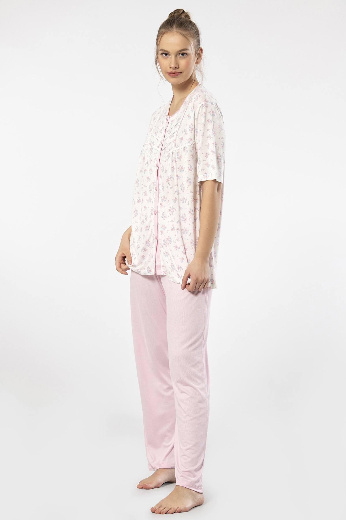Türen 3370 Kadın Büyük Beden Kısa Kollu Pijama Takım-Pembe