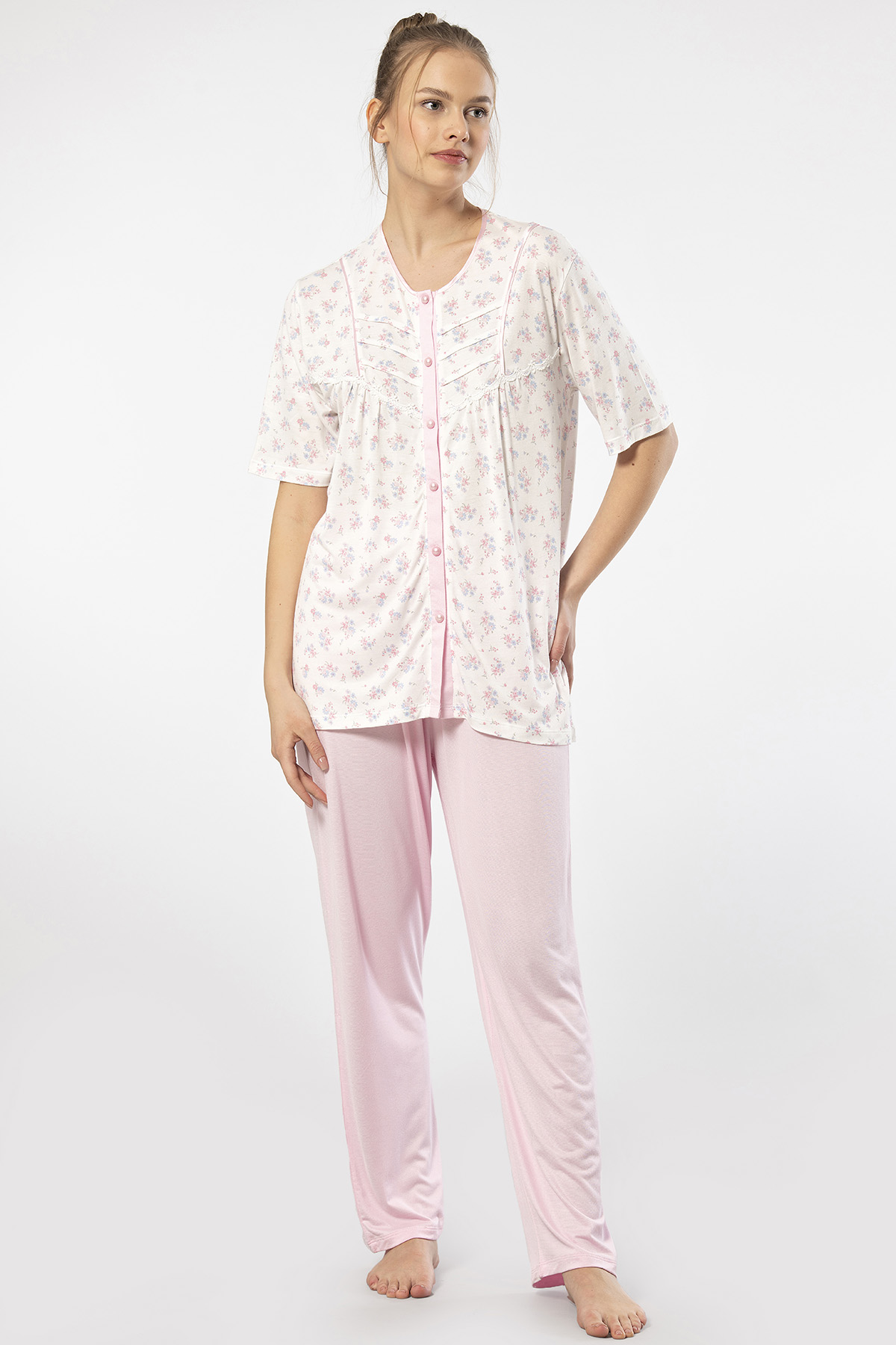 Türen 3370 Kadın Büyük Beden Kısa Kollu Pijama Takım-Pembe