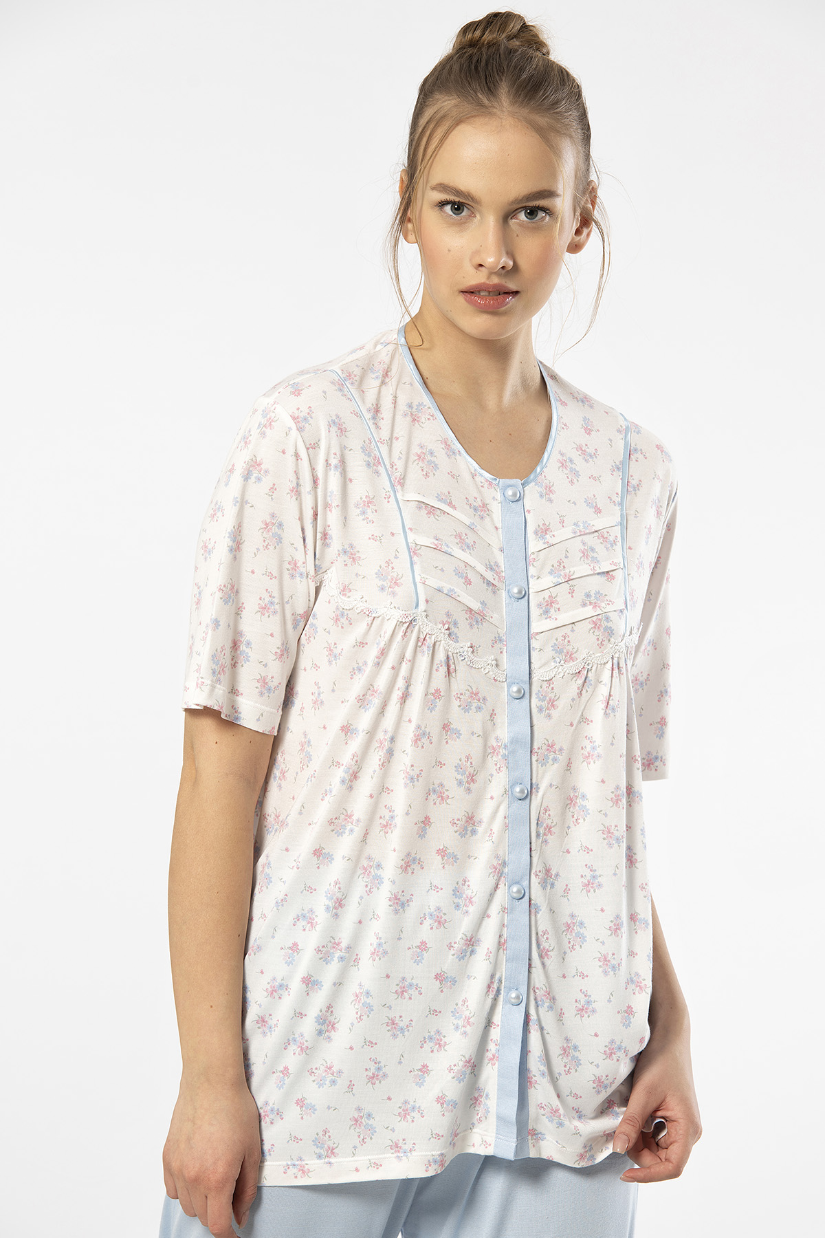 Türen 3370 Kadın Büyük Beden Kısa Kollu Pijama Takım-Mavi