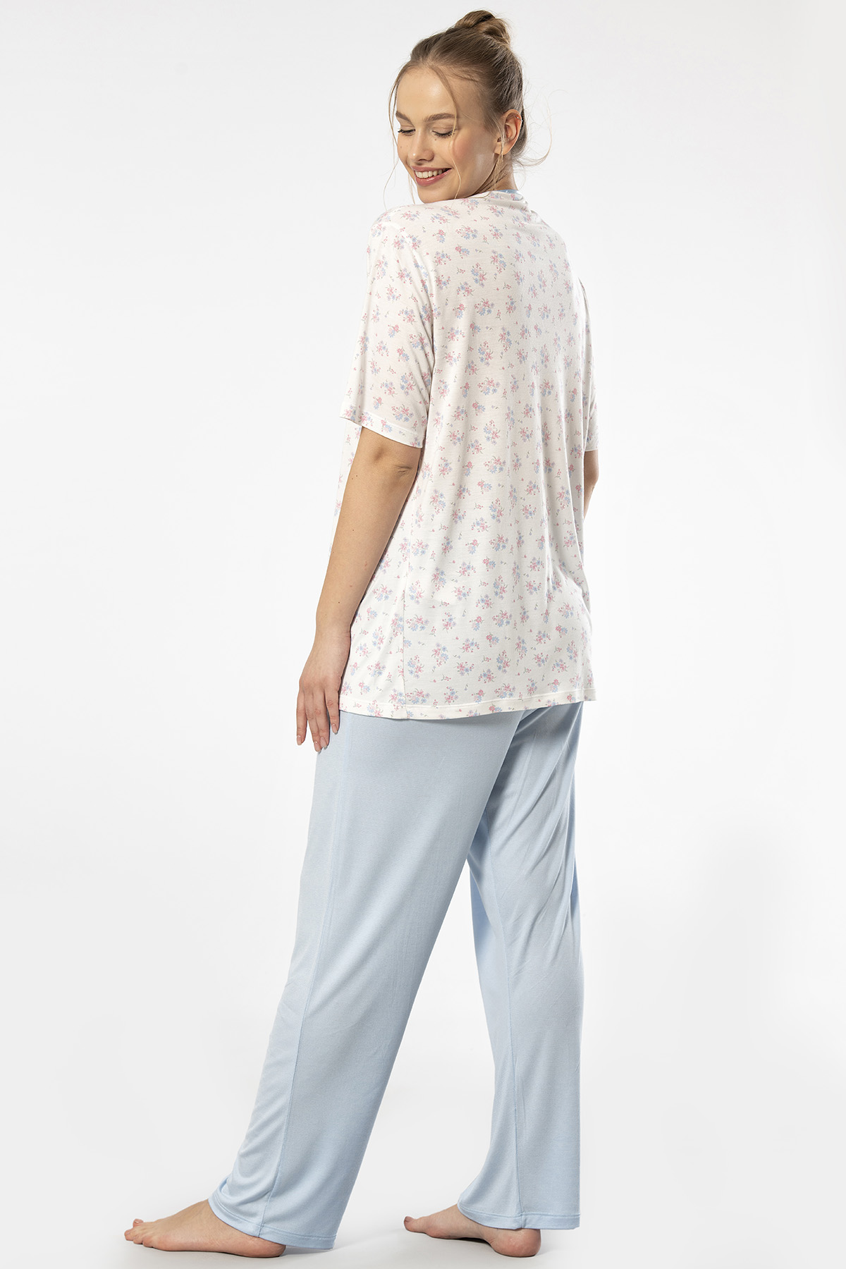 Türen 3370 Kadın Büyük Beden Kısa Kollu Pijama Takım-Mavi