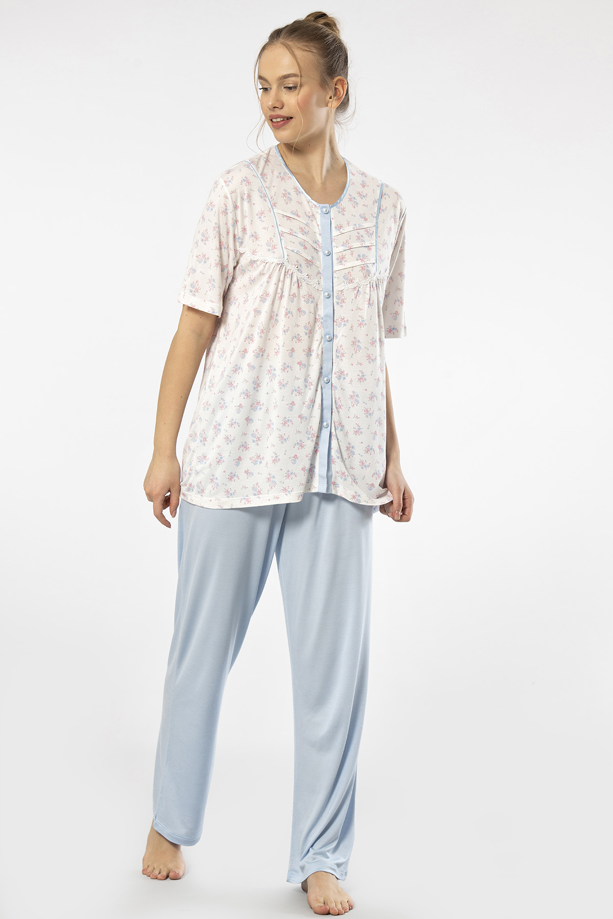 Türen 3370 Kadın Büyük Beden Kısa Kollu Pijama Takım-Mavi