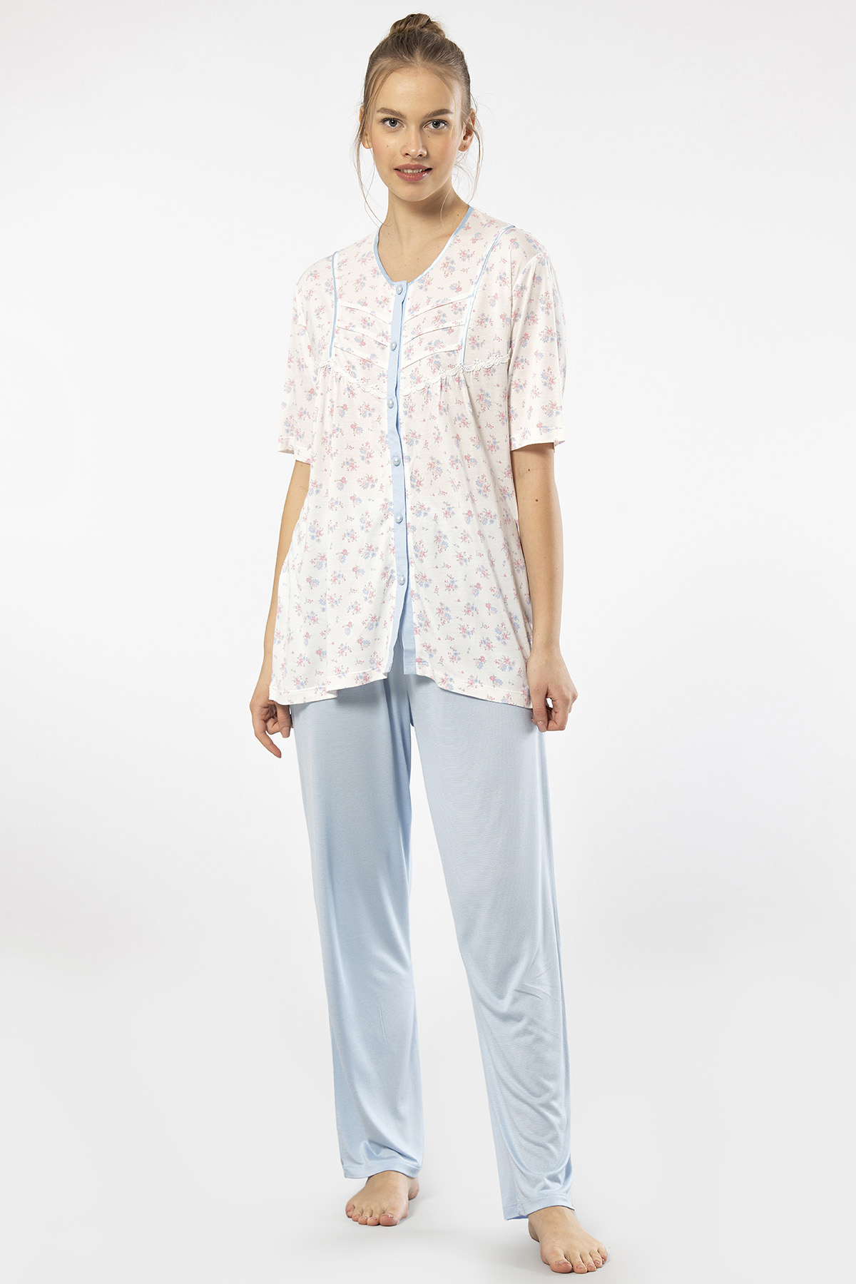 Türen 3370 Kadın Büyük Beden Kısa Kollu Pijama Takım-Mavi