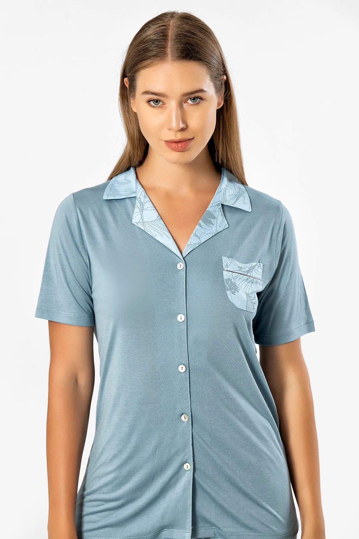 Türen 3376 Kadın Kısa Kollu Gömlek Pijama Takım-Mavi