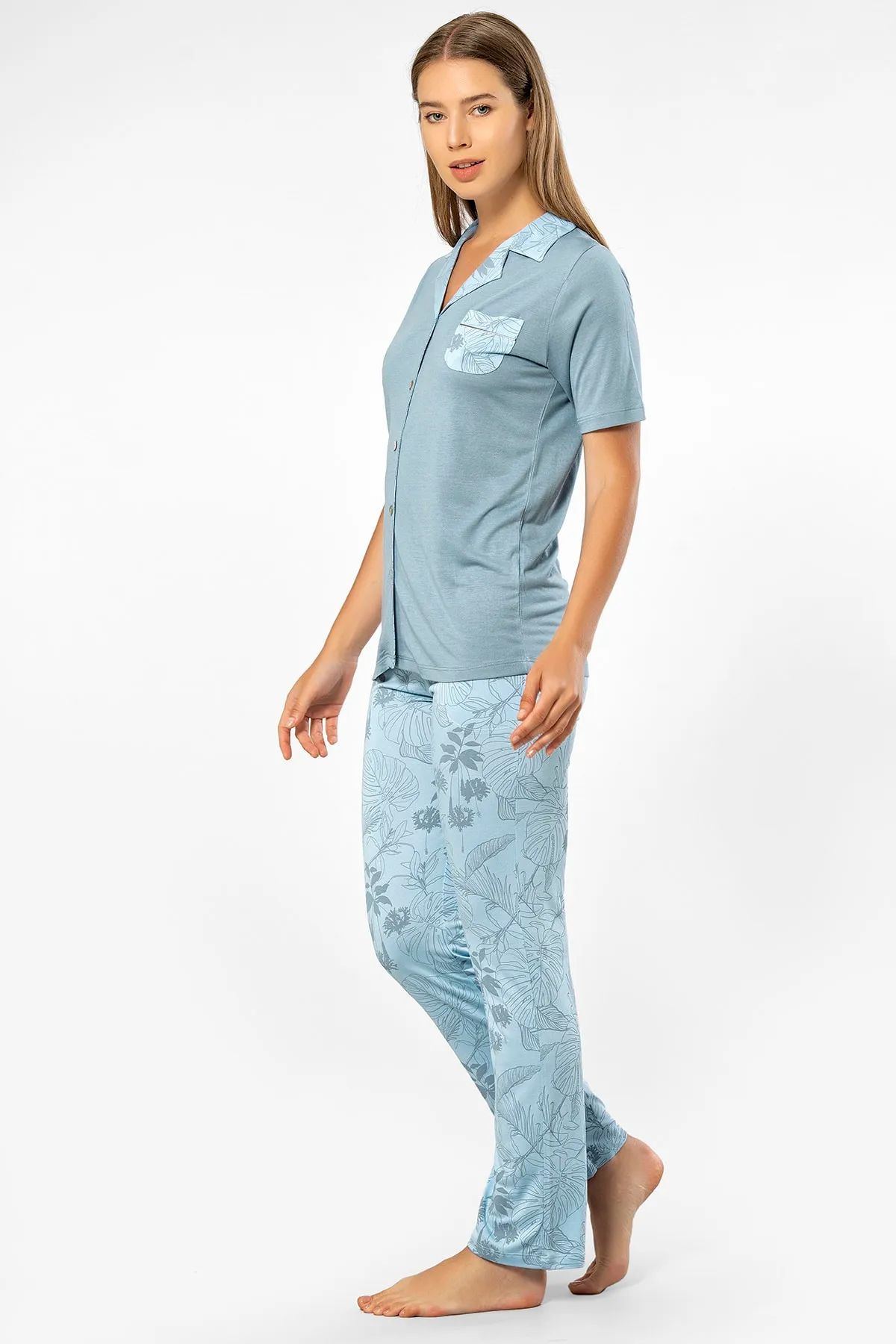 Türen 3376 Kadın Kısa Kollu Gömlek Pijama Takım-Mavi