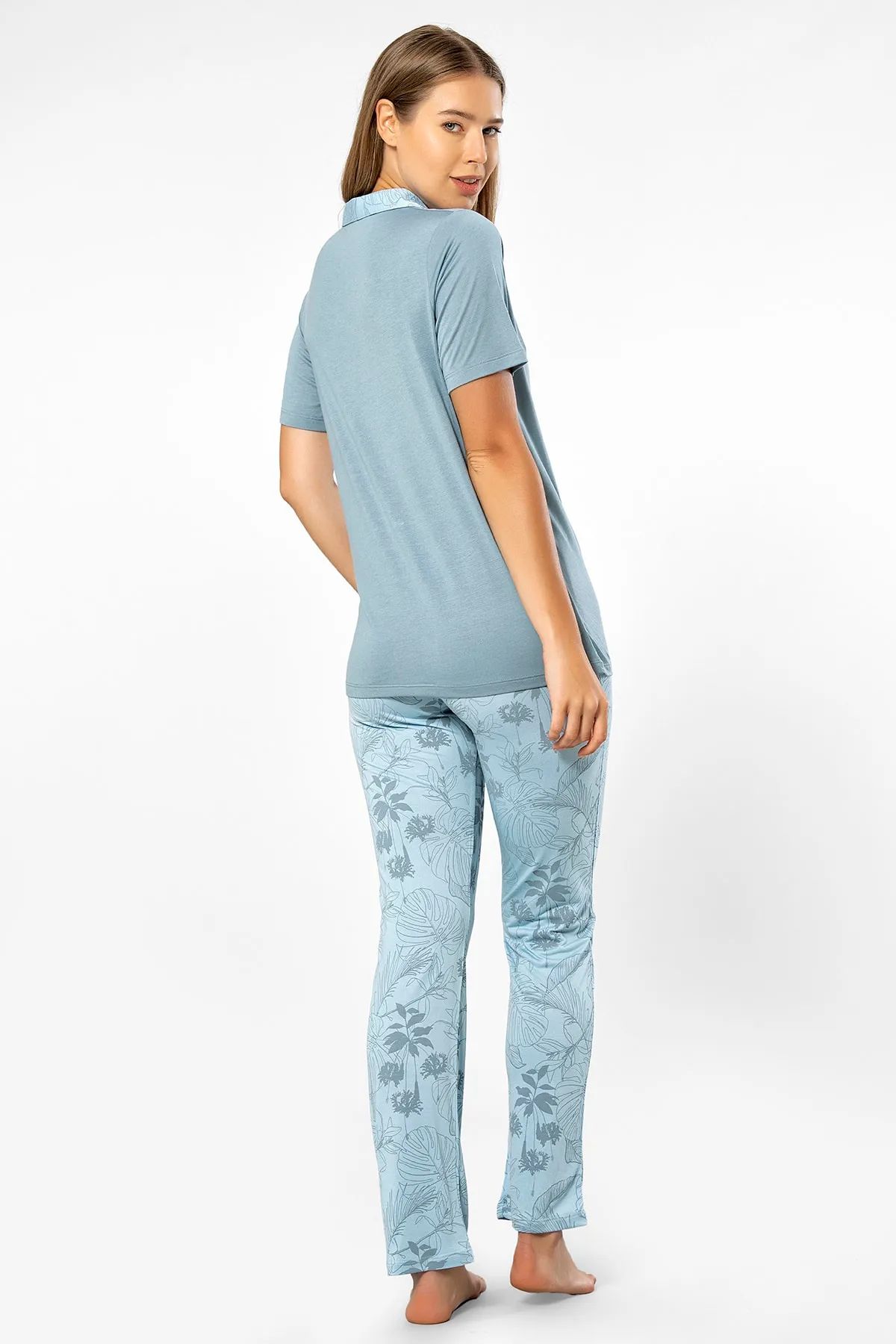 Türen 3376 Kadın Kısa Kollu Gömlek Pijama Takım-Mavi