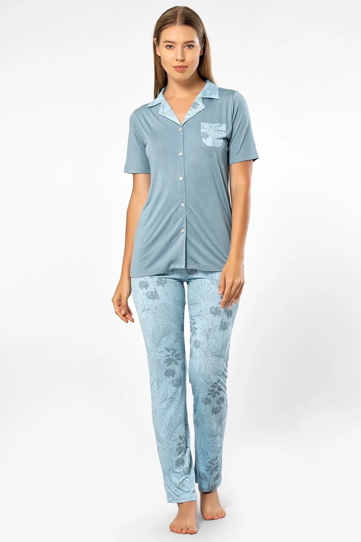 Türen 3376 Kadın Kısa Kollu Gömlek Pijama Takım-Mavi