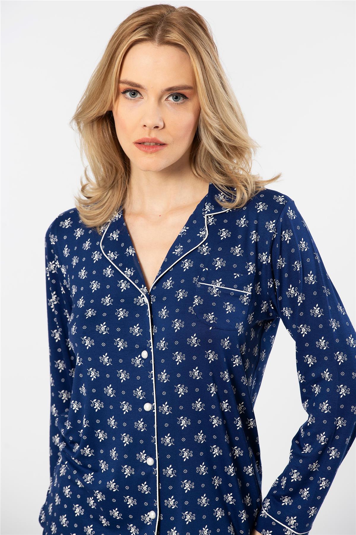 Türen 3379 Kadın Uzun Kollu Gömlek Pijama Takım-Lacivert
