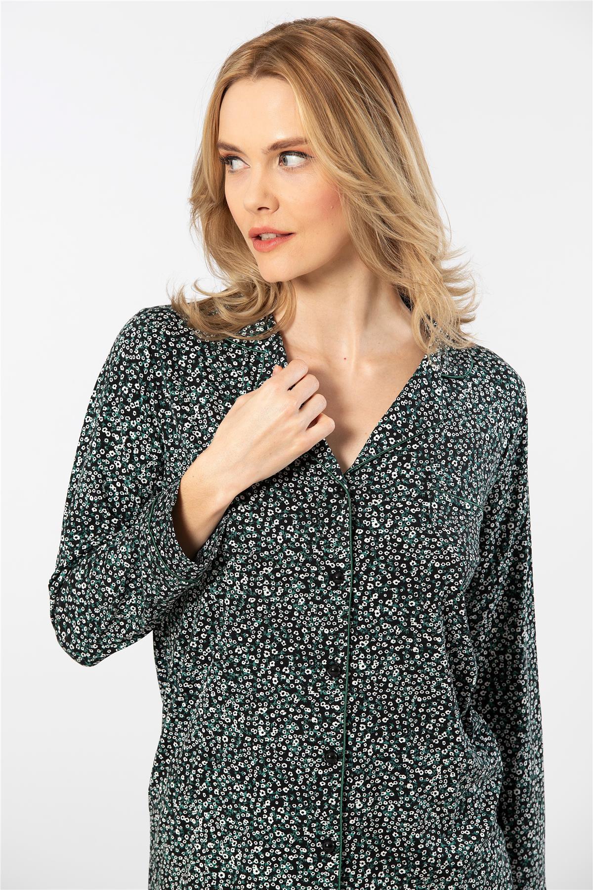 Türen 3379 Kadın Uzun Kollu Gömlek Pijama Takım-Yeşil