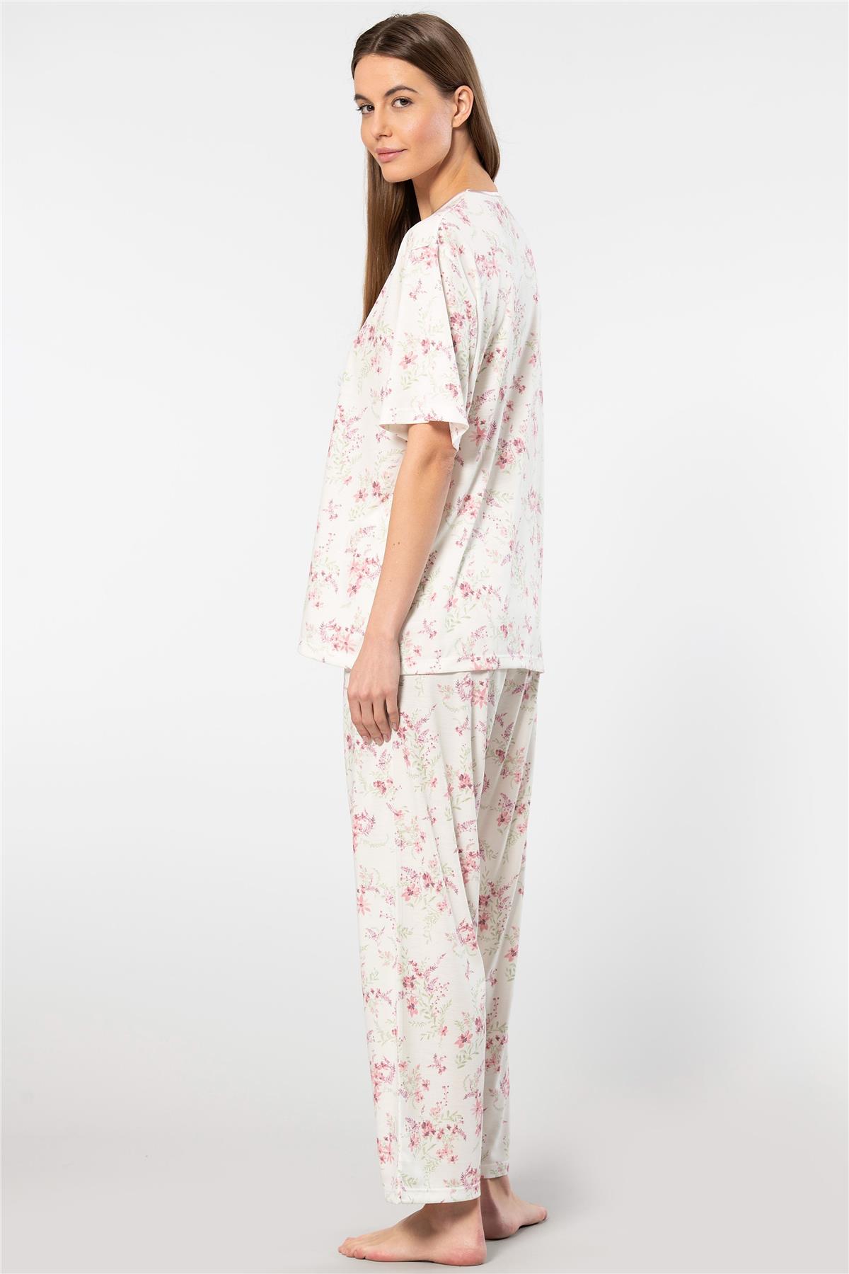 Türen 3387 Kadın Battal Çiçekli Patlı Kısa Kollu Pijama Takımı-Pembe 