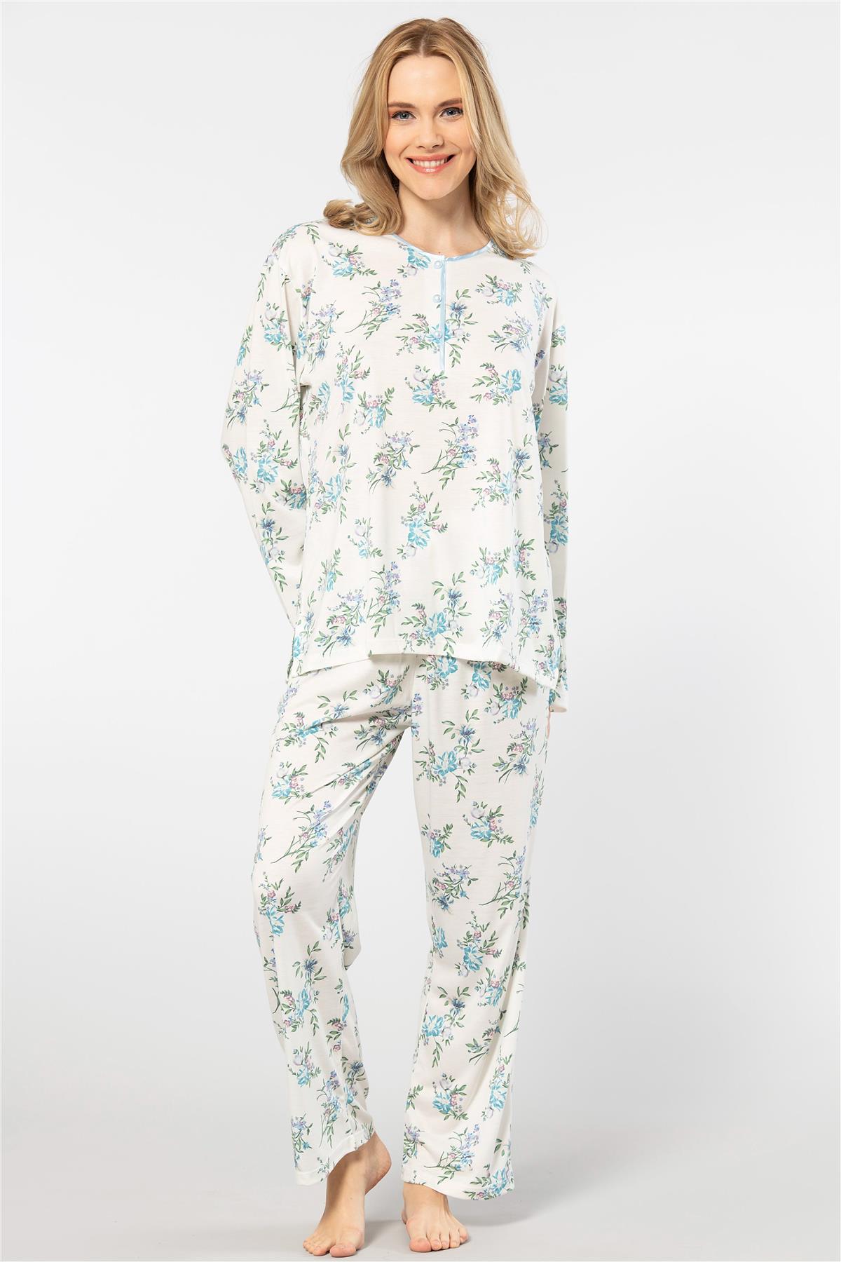 Türen 3388 Kadın Battal Çiçekli Patlı Uzun Kollu Pijama Takımı-Mavi
