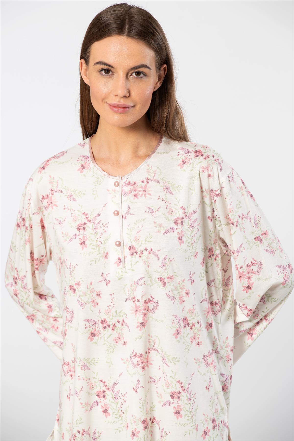 Türen 3388 Kadın Battal Çiçekli Patlı Uzun Kollu Pijama Takımı-Pembe 