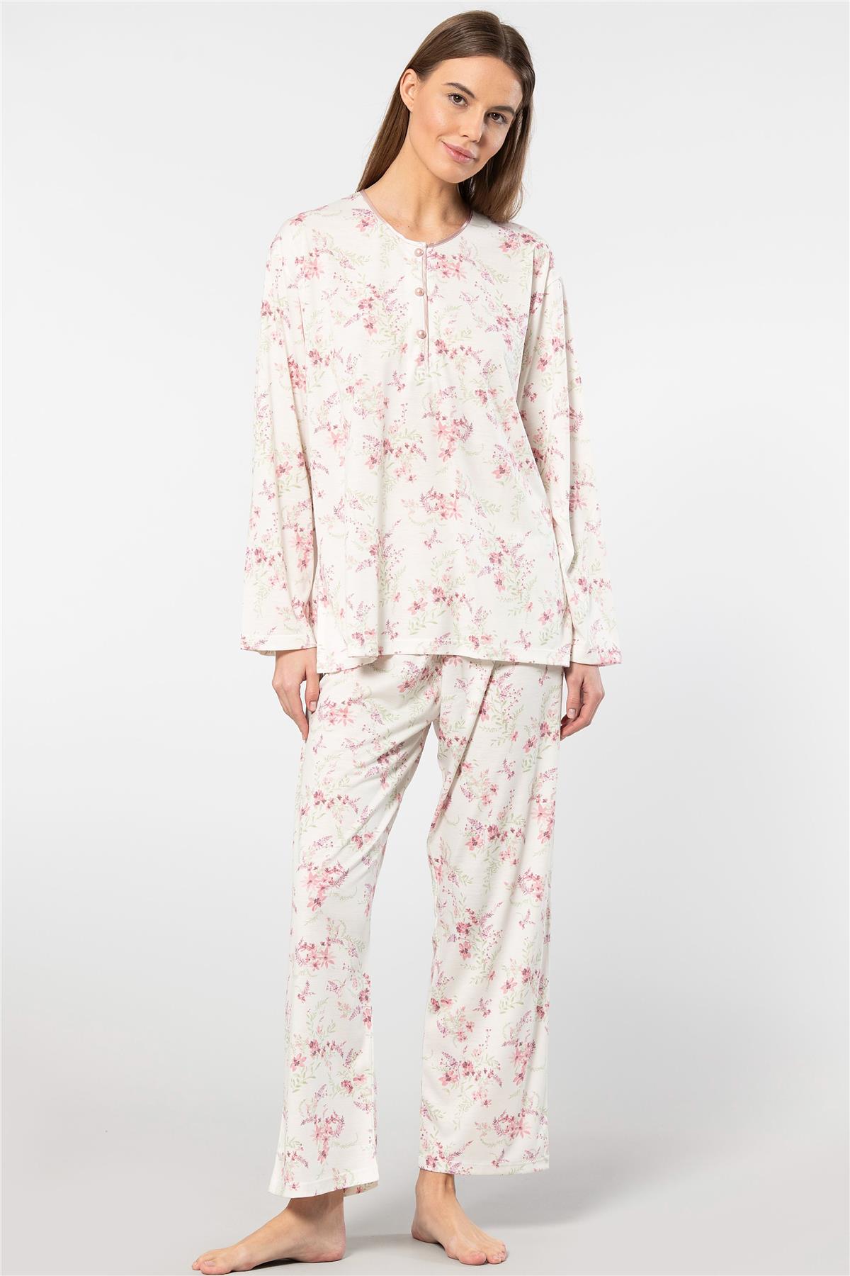 Türen 3388 Kadın Battal Çiçekli Patlı Uzun Kollu Pijama Takımı-Pembe 