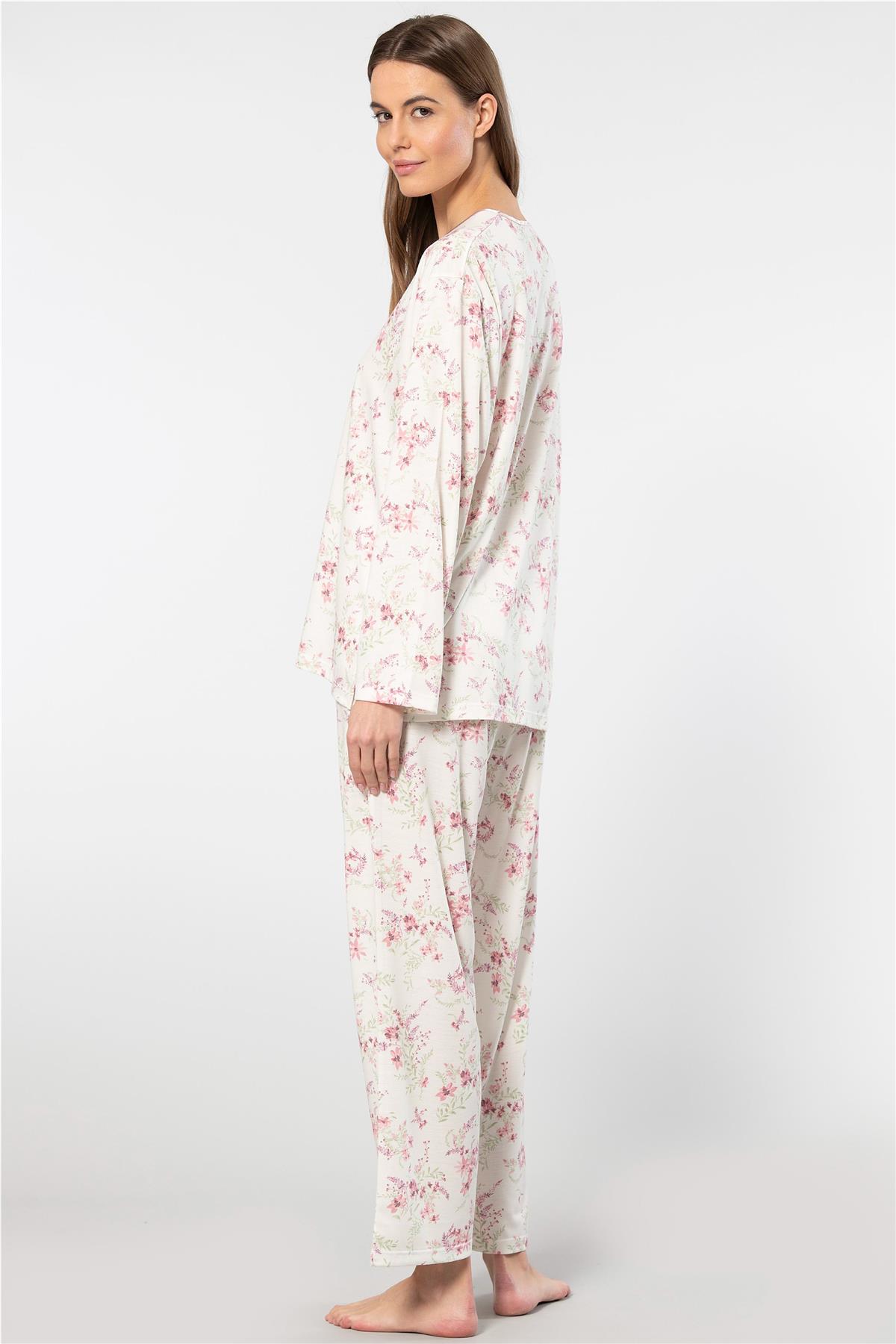 Türen 3388 Kadın Battal Çiçekli Patlı Uzun Kollu Pijama Takımı-Pembe 
