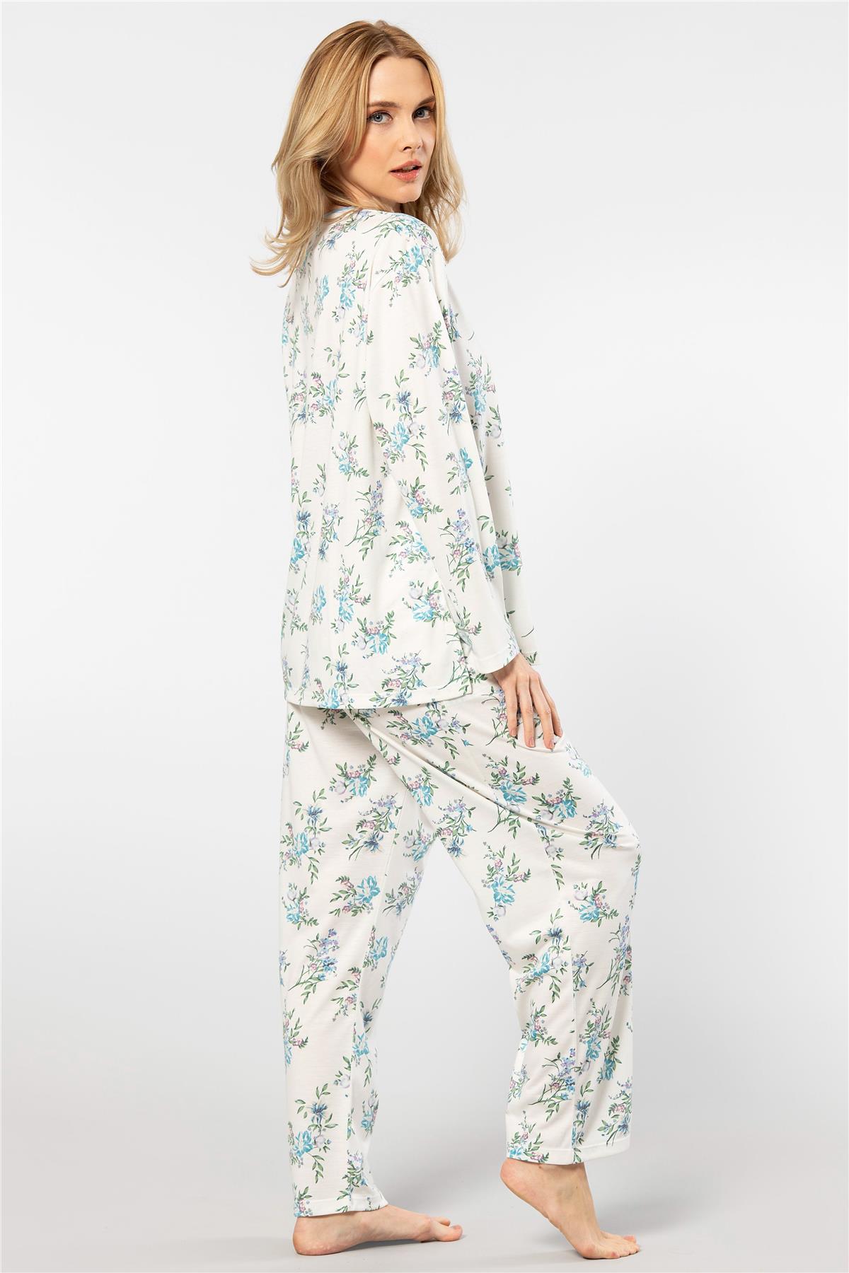 Türen 3388 Kadın Battal Çiçekli Patlı Uzun Kollu Pijama Takımı-Mavi